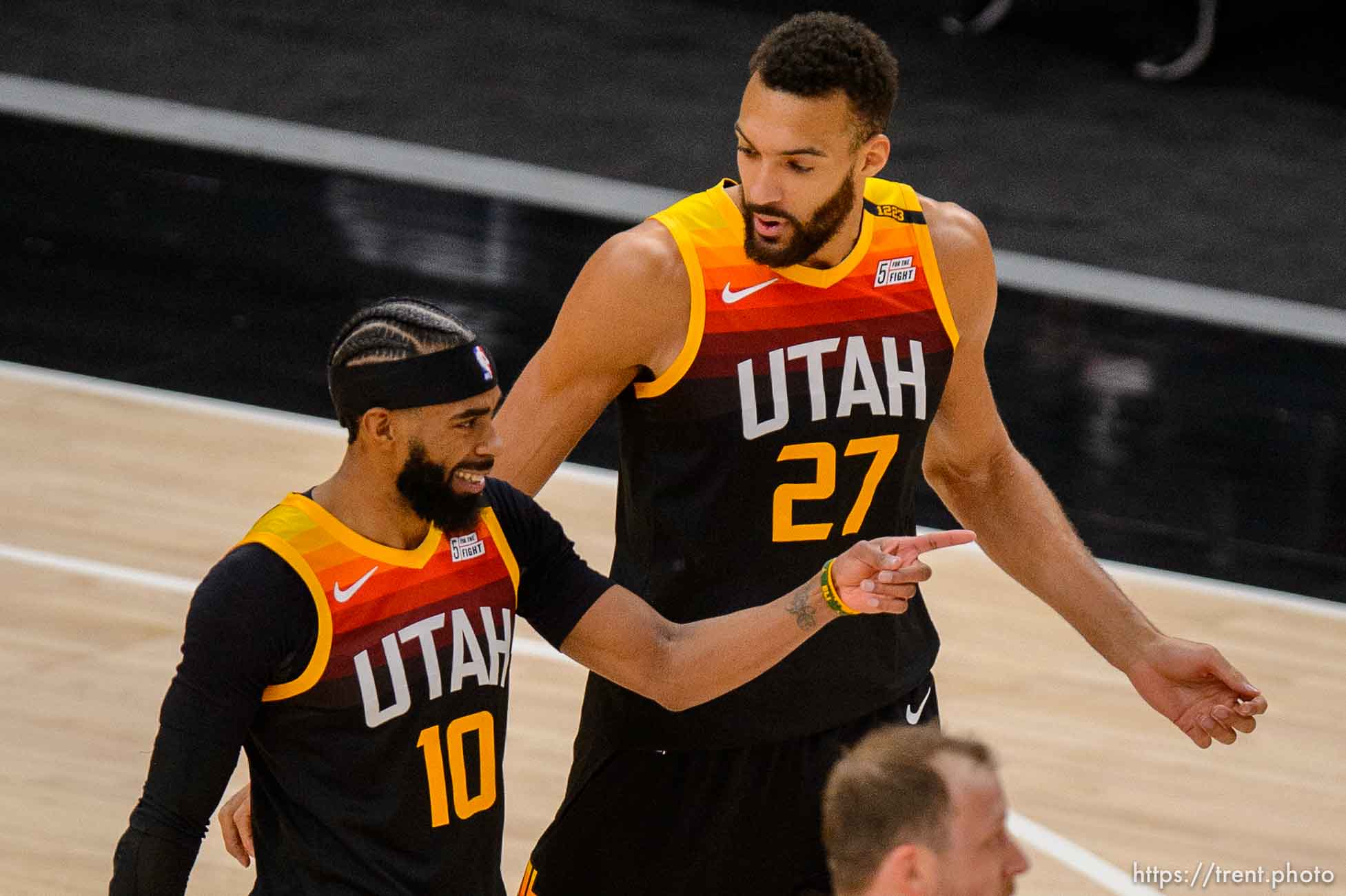 (Trent Nelson  |  The Salt Lake Tribune) Utah Jazz guard Mike Conley (10), Utah Jazz center Rudy Gobert (27) as the Utah Jazz host the Brooklyn Nets, NBA basketball in Salt Lake City on Wednesday, March 24, 2021.