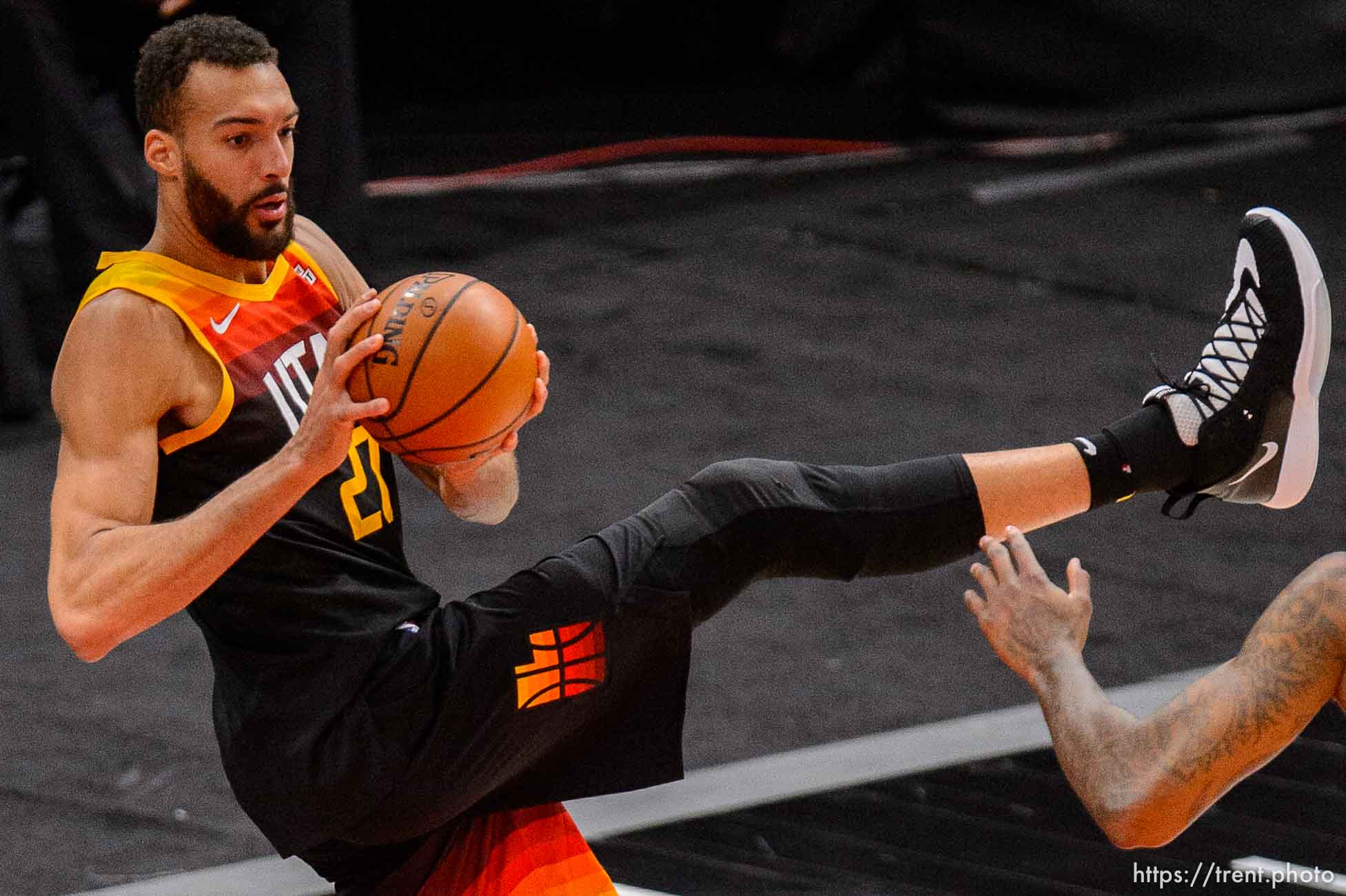 (Trent Nelson  |  The Salt Lake Tribune) Utah Jazz center Rudy Gobert (27) rebounds as the Utah Jazz host the Brooklyn Nets, NBA basketball in Salt Lake City on Wednesday, March 24, 2021.