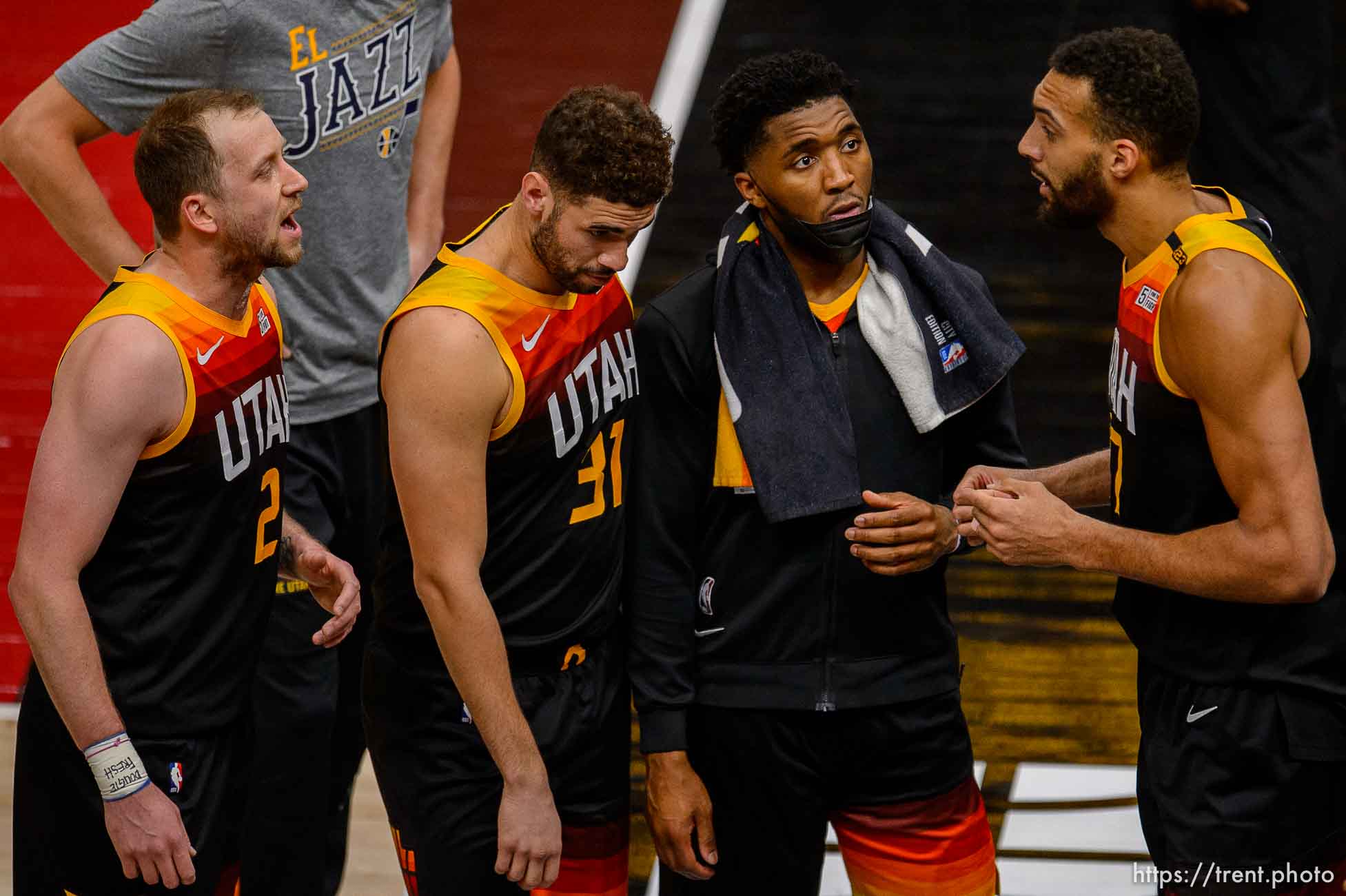 (Trent Nelson  |  The Salt Lake Tribune) Utah Jazz guard Joe Ingles (2), Utah Jazz forward Georges Niang (31), Utah Jazz guard Donovan Mitchell (45), and Utah Jazz center Rudy Gobert (27) as the Utah Jazz host the Brooklyn Nets, NBA basketball in Salt Lake City on Wednesday, March 24, 2021.