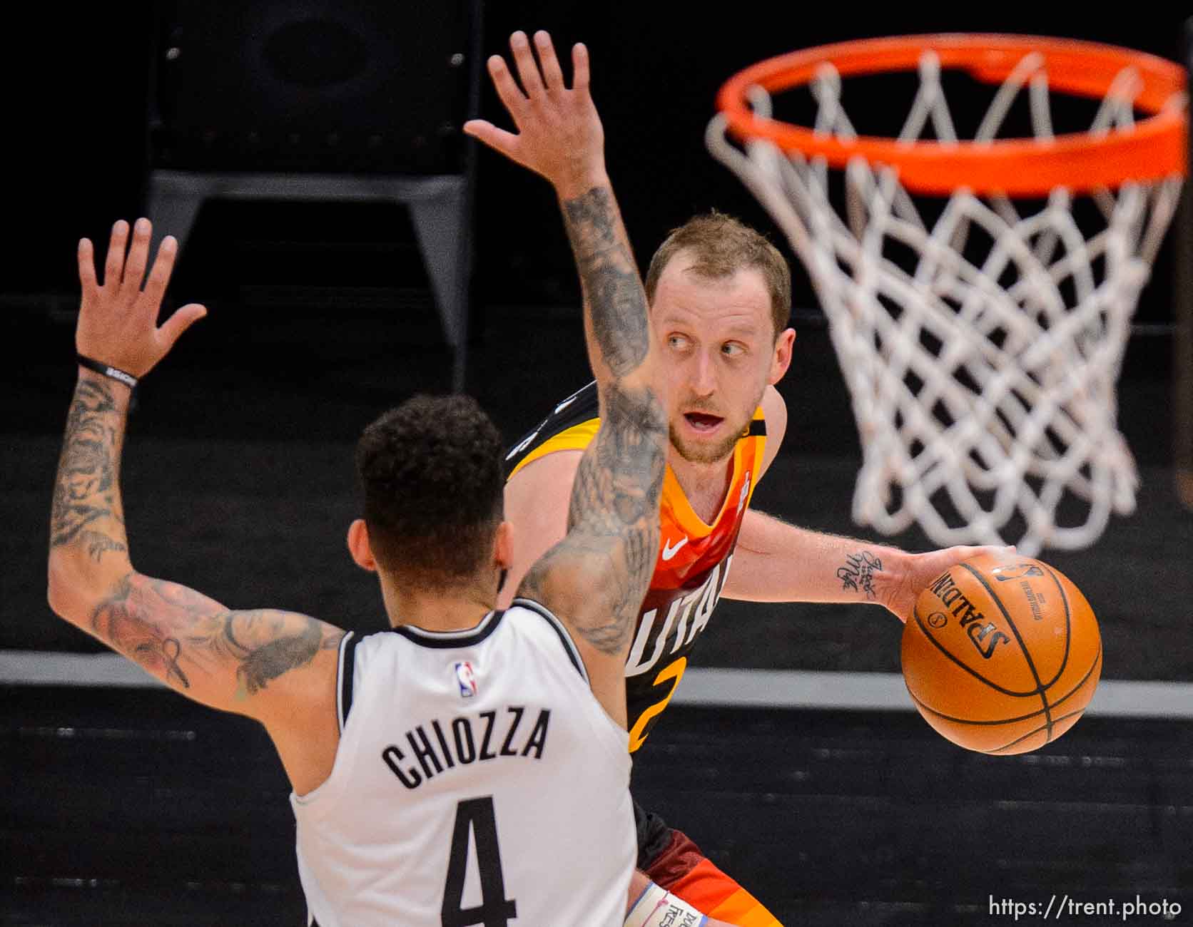 (Trent Nelson  |  The Salt Lake Tribune) Utah Jazz guard Joe Ingles (2) defended by Brooklyn Nets guard Chris Chiozza (4)  as the Utah Jazz host the Brooklyn Nets, NBA basketball in Salt Lake City on Wednesday, March 24, 2021.