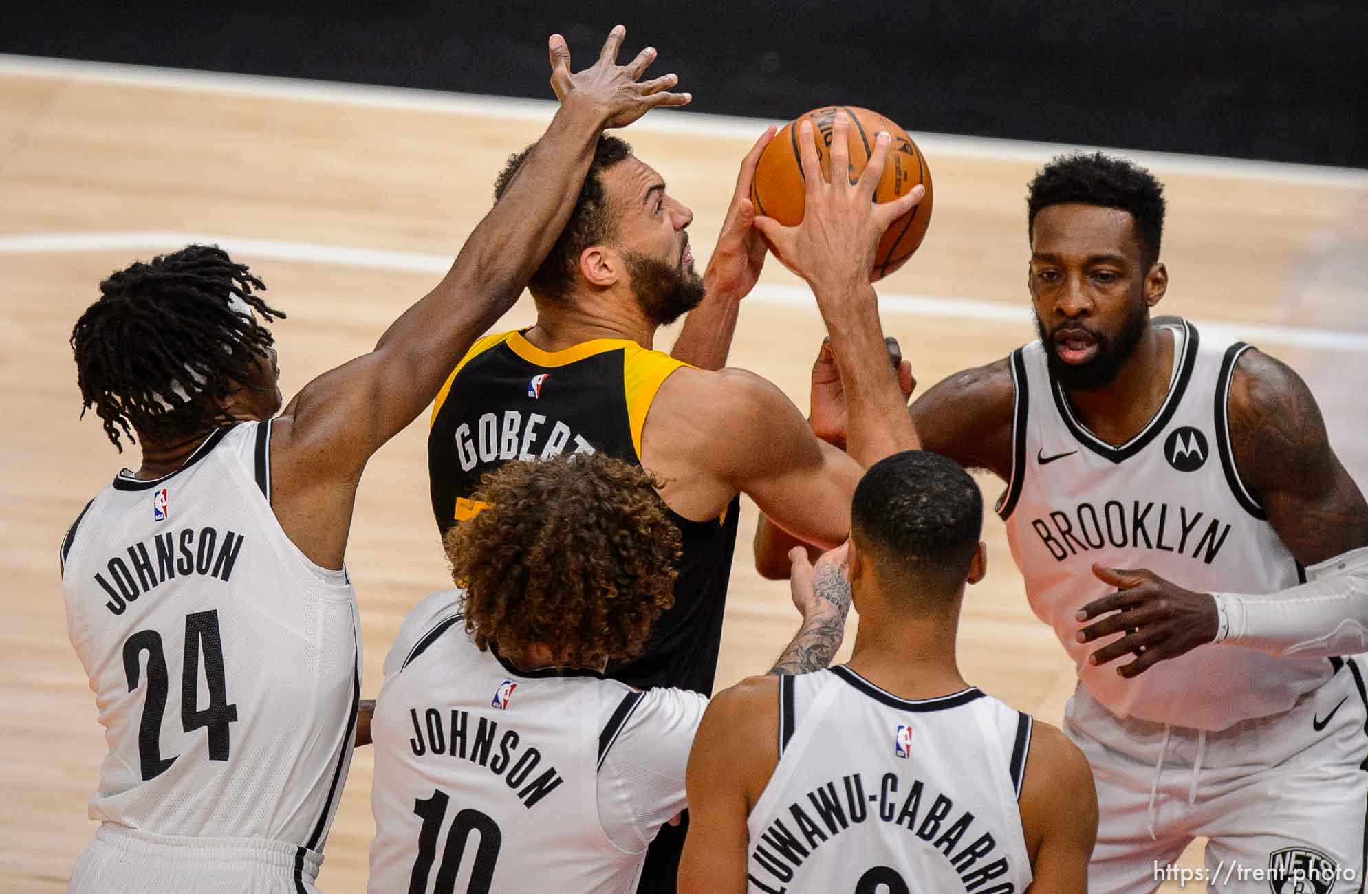 (Trent Nelson  |  The Salt Lake Tribune) Utah Jazz center Rudy Gobert (27) is surrounded by defenders as the Utah Jazz host the Brooklyn Nets, NBA basketball in Salt Lake City on Wednesday, March 24, 2021.