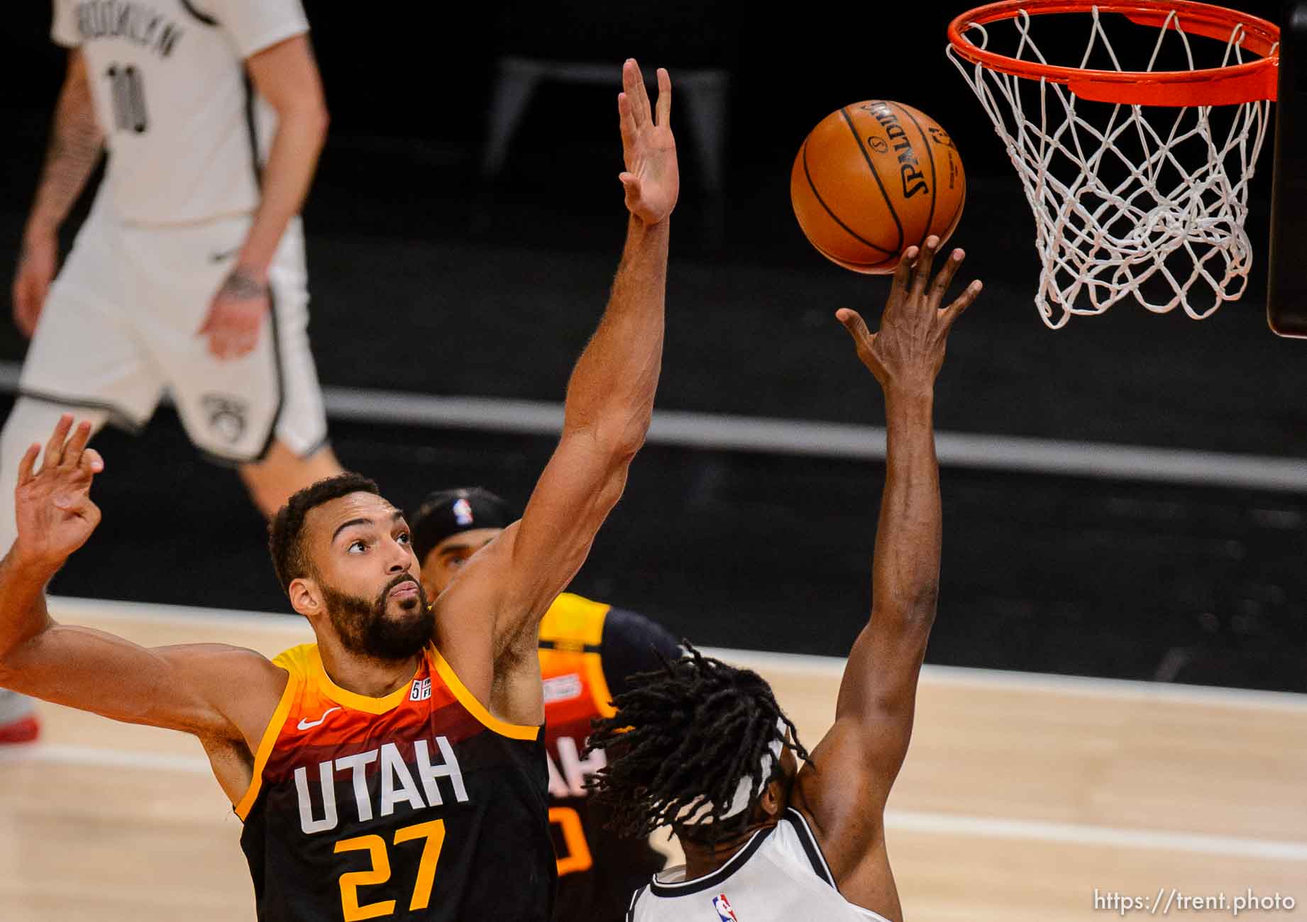 (Trent Nelson  |  The Salt Lake Tribune) Utah Jazz center Rudy Gobert (27) blocks a shot by Brooklyn's Alize Johnson as the Utah Jazz host the Brooklyn Nets, NBA basketball in Salt Lake City on Wednesday, March 24, 2021.