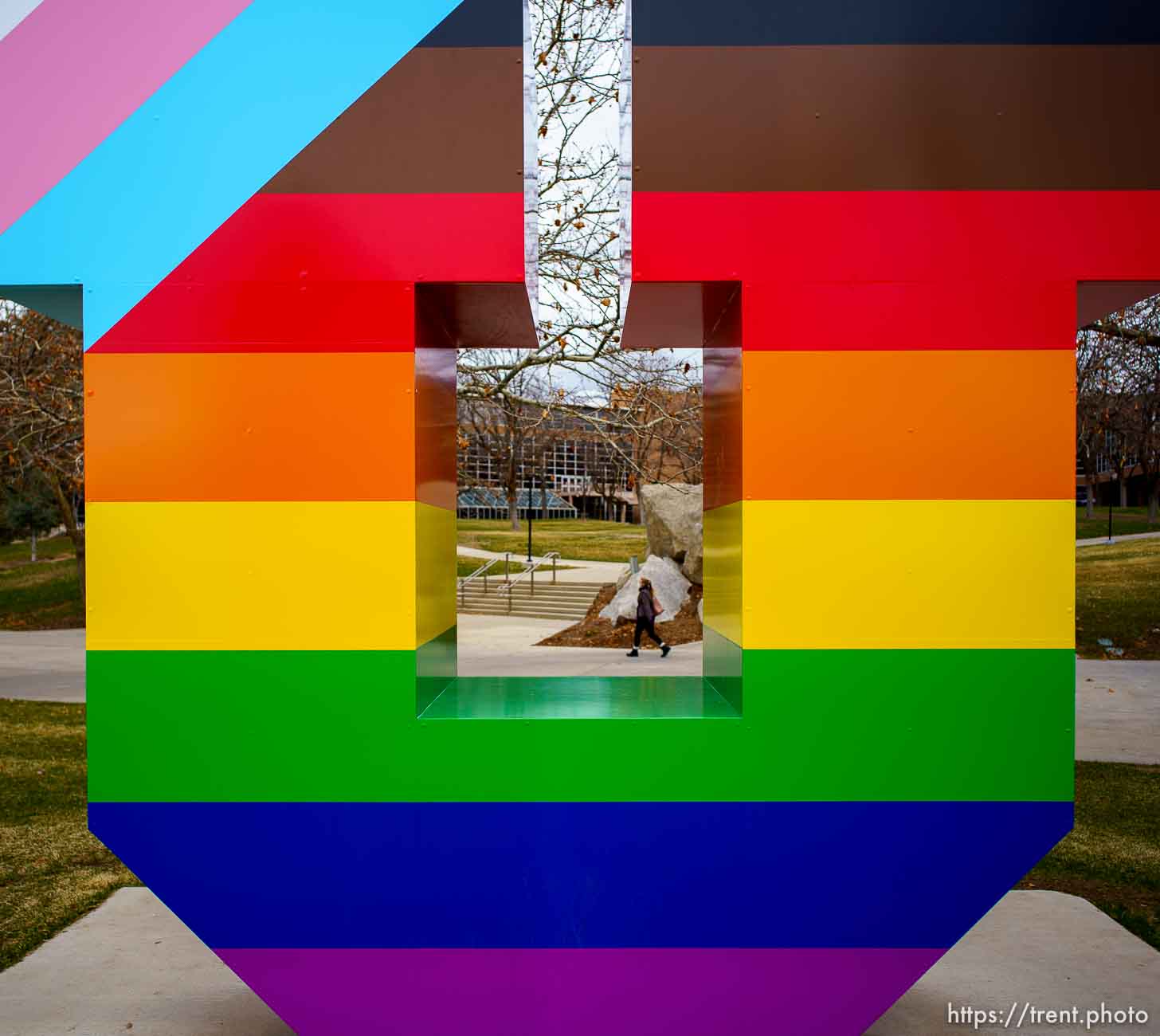 (Trent Nelson  |  The Salt Lake Tribune) The U on the University of Utah campus, painted with rainbow colors for Pride Week on Thursday, March 25, 2021.