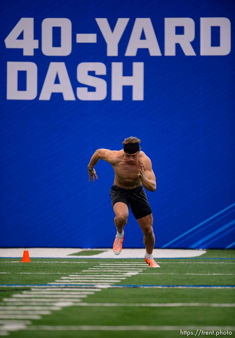 (Trent Nelson  |  The Salt Lake Tribune) Zayne Anderson runs the 40-yard dash during BYU football Pro Day, in Provo on Friday, March 26, 2021.