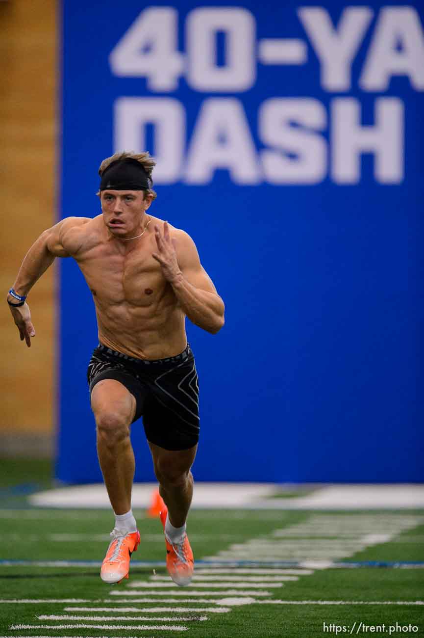 (Trent Nelson  |  The Salt Lake Tribune) Zayne Anderson runs the 40-yard dash during BYU football Pro Day, in Provo on Friday, March 26, 2021.