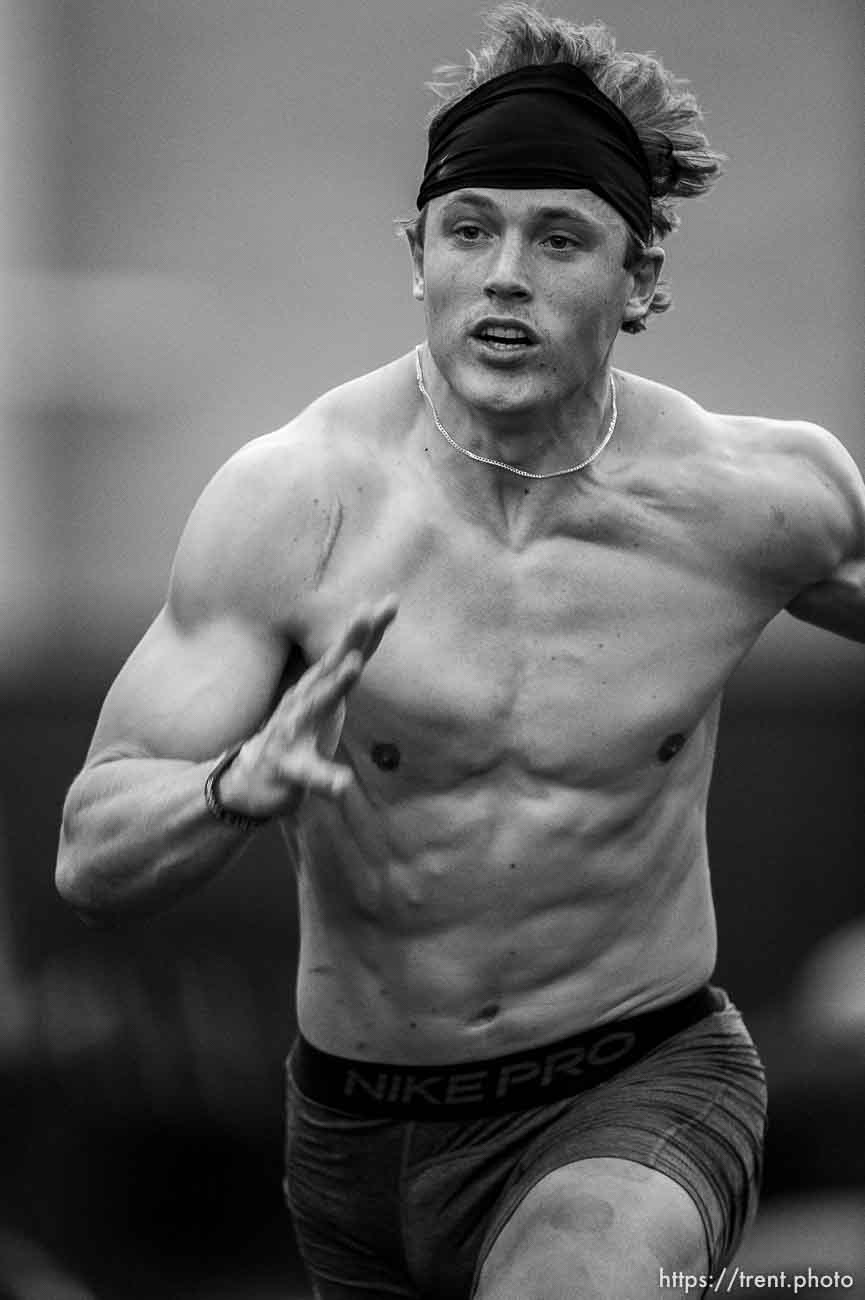 (Trent Nelson  |  The Salt Lake Tribune) Zayne Anderson runs the 40-yard dash during BYU football Pro Day, in Provo on Friday, March 26, 2021.