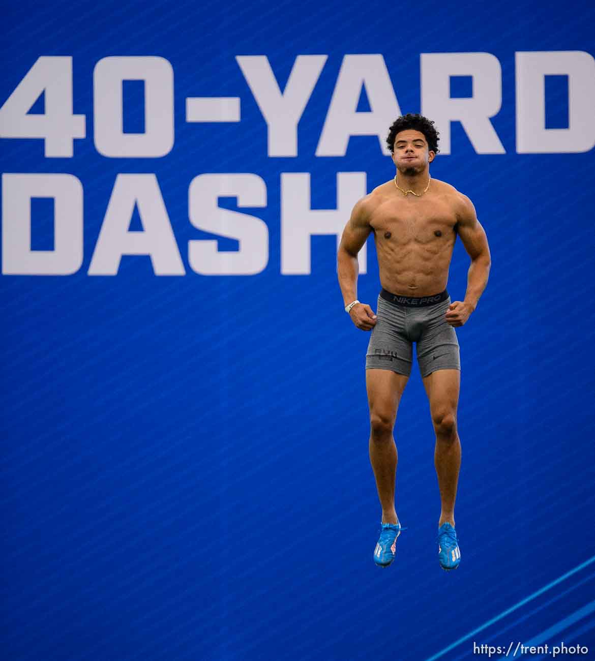 (Trent Nelson  |  The Salt Lake Tribune) Chris Wilcox prepares to run the 40-yard dash, which he did in 4.31 seconds, during BYU football Pro Day, in Provo on Friday, March 26, 2021.