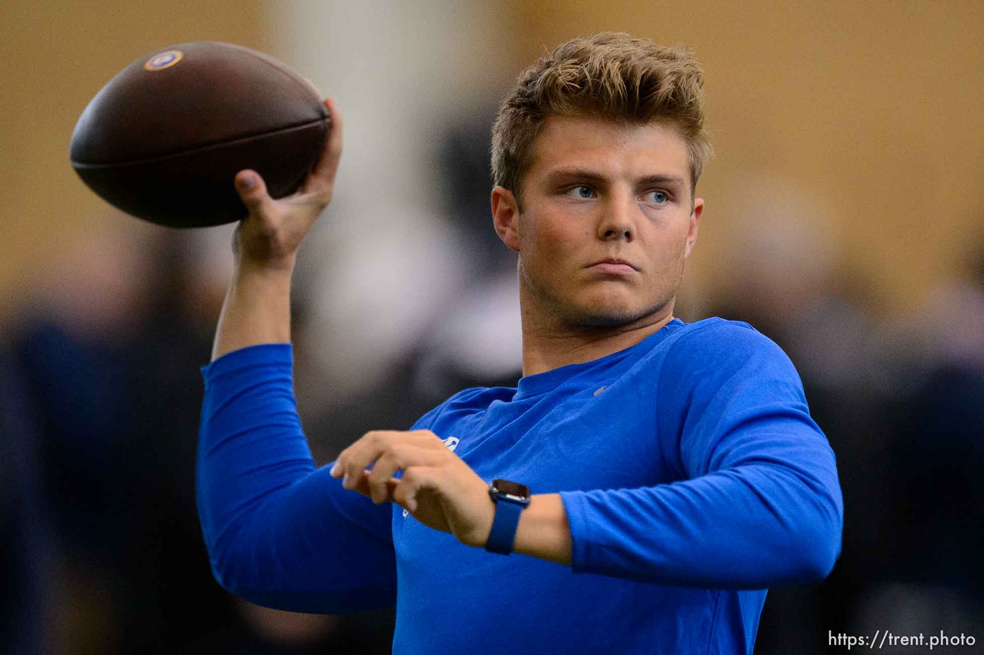 (Trent Nelson  |  The Salt Lake Tribune) BYU quarterback Zach Wilson warms up before working out for NFL scouts during BYU Pro Day, in Provo on Friday, March 26, 2021.