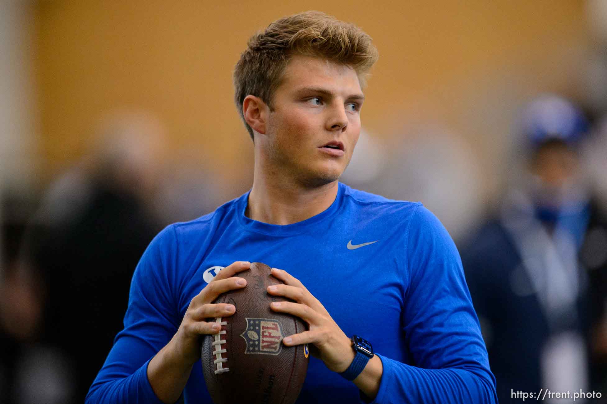 (Trent Nelson  |  The Salt Lake Tribune) BYU quarterback Zach Wilson warms up before working out for NFL scouts during BYU Pro Day, in Provo on Friday, March 26, 2021.