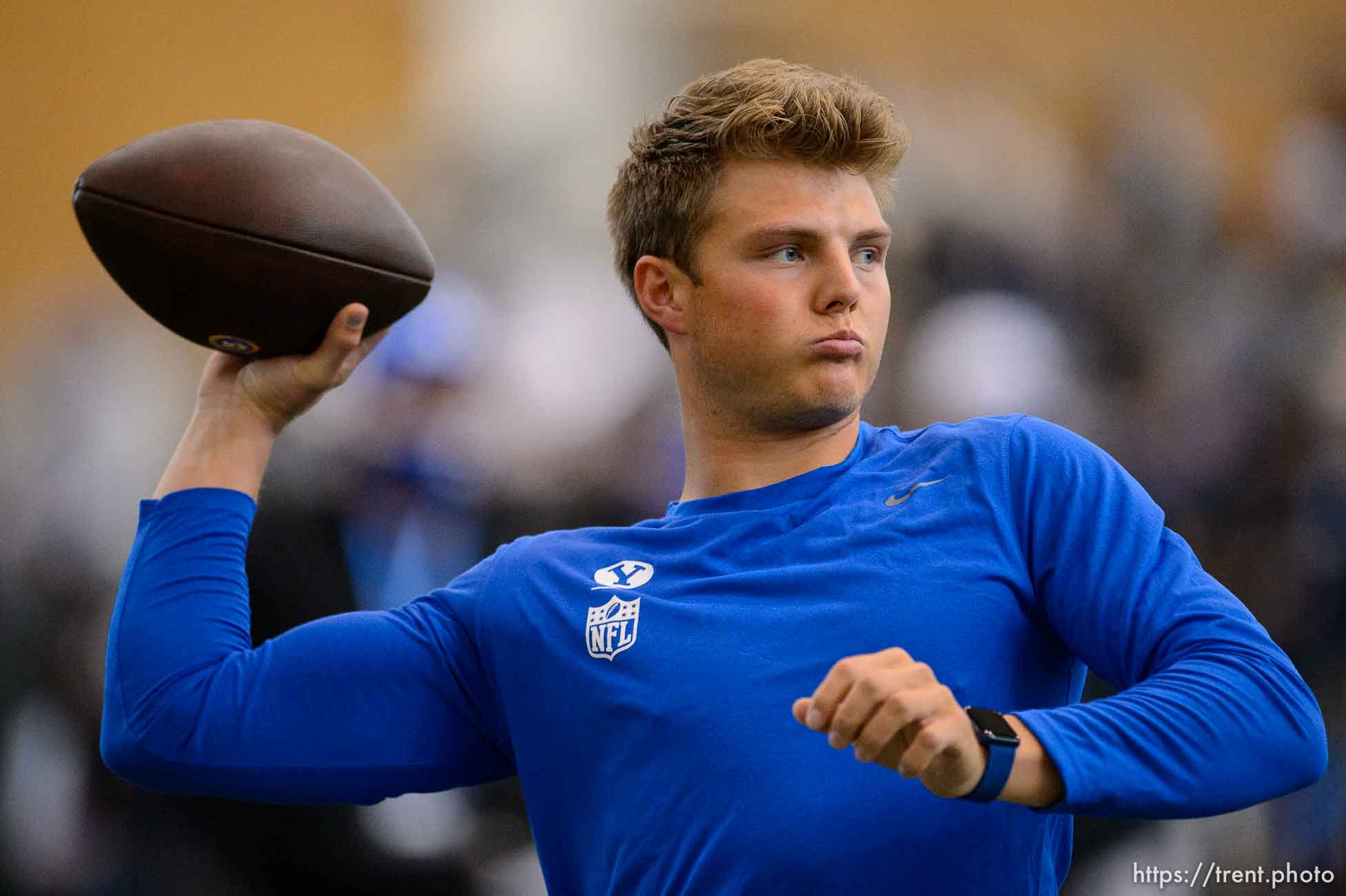 (Trent Nelson  |  The Salt Lake Tribune) BYU quarterback Zach Wilson warms up before working out for NFL scouts during BYU Pro Day, in Provo on Friday, March 26, 2021.