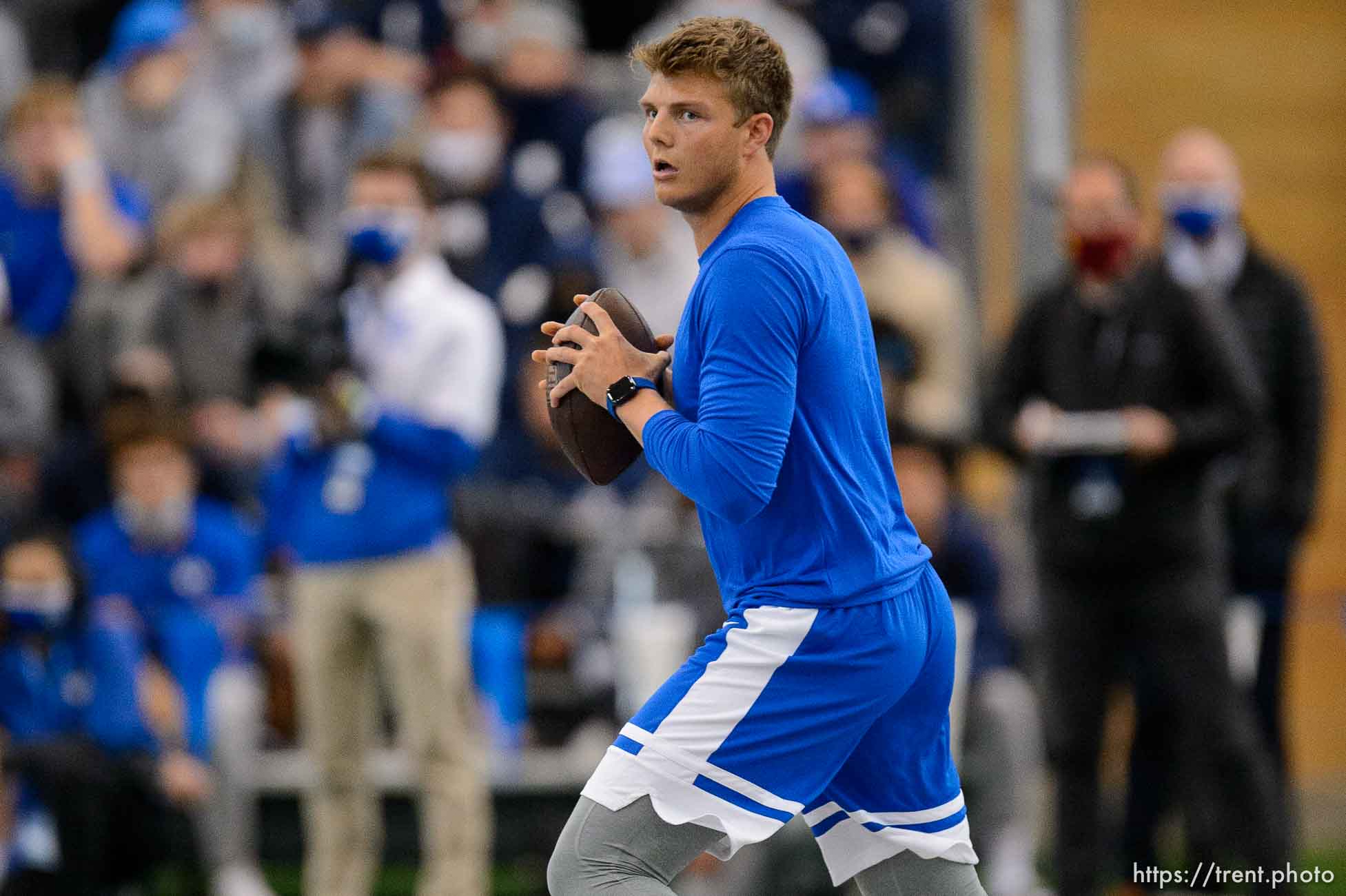 (Trent Nelson  |  The Salt Lake Tribune) BYU quarterback Zach Wilson works out for NFL scouts during BYU Pro Day, in Provo on Friday, March 26, 2021.