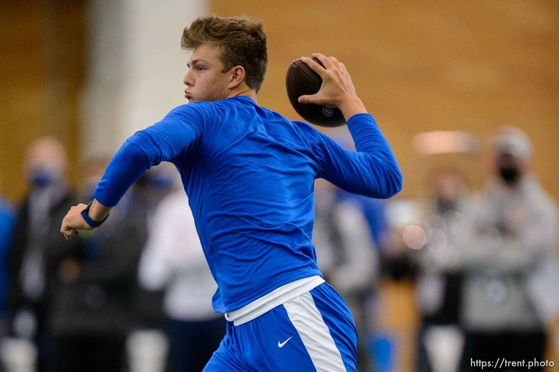 (Trent Nelson  |  The Salt Lake Tribune) BYU quarterback Zach Wilson works out for NFL scouts during BYU Pro Day, in Provo on Friday, March 26, 2021.