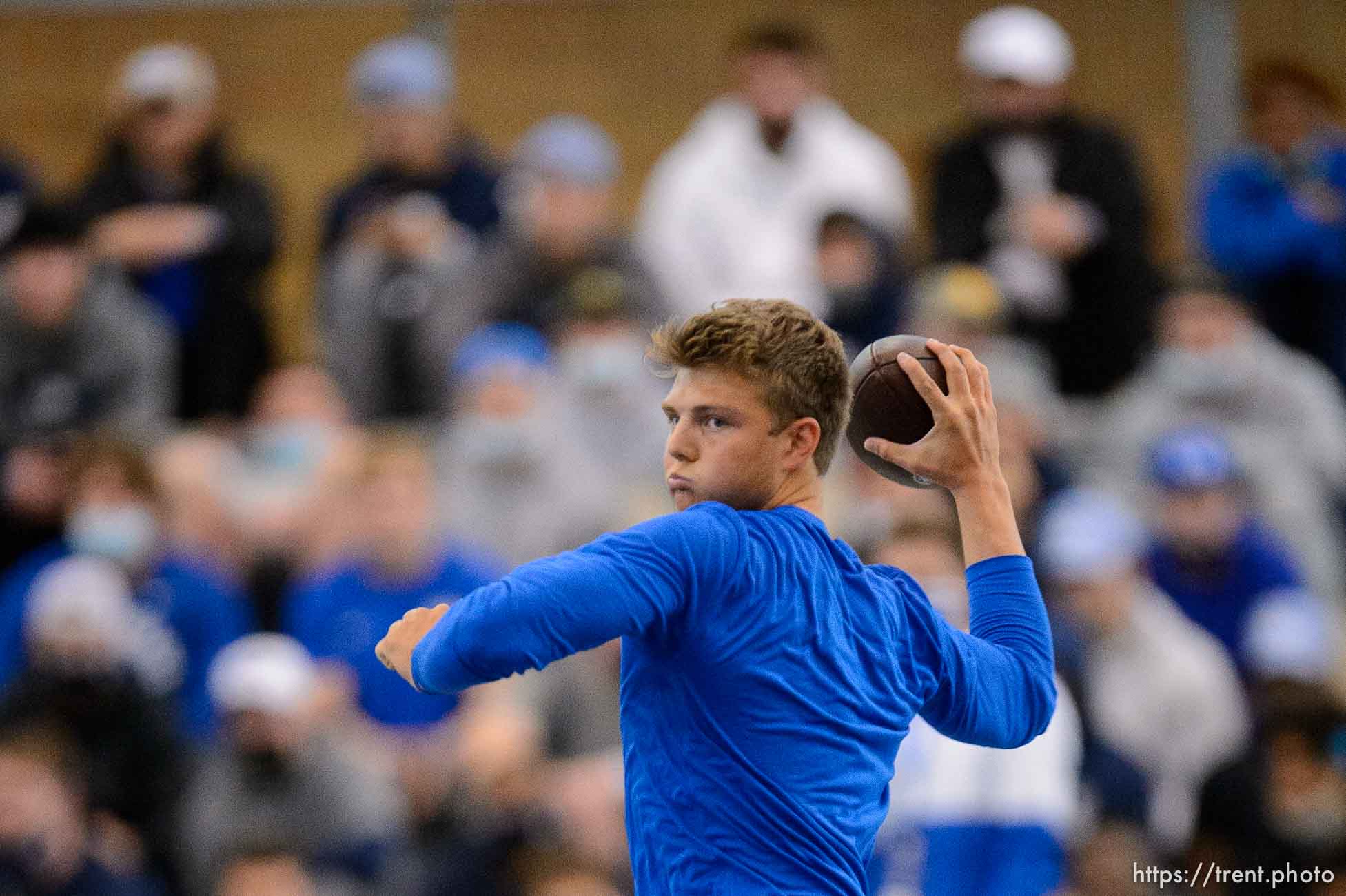 (Trent Nelson  |  The Salt Lake Tribune) BYU quarterback Zach Wilson works out for NFL scouts during BYU Pro Day, in Provo on Friday, March 26, 2021.