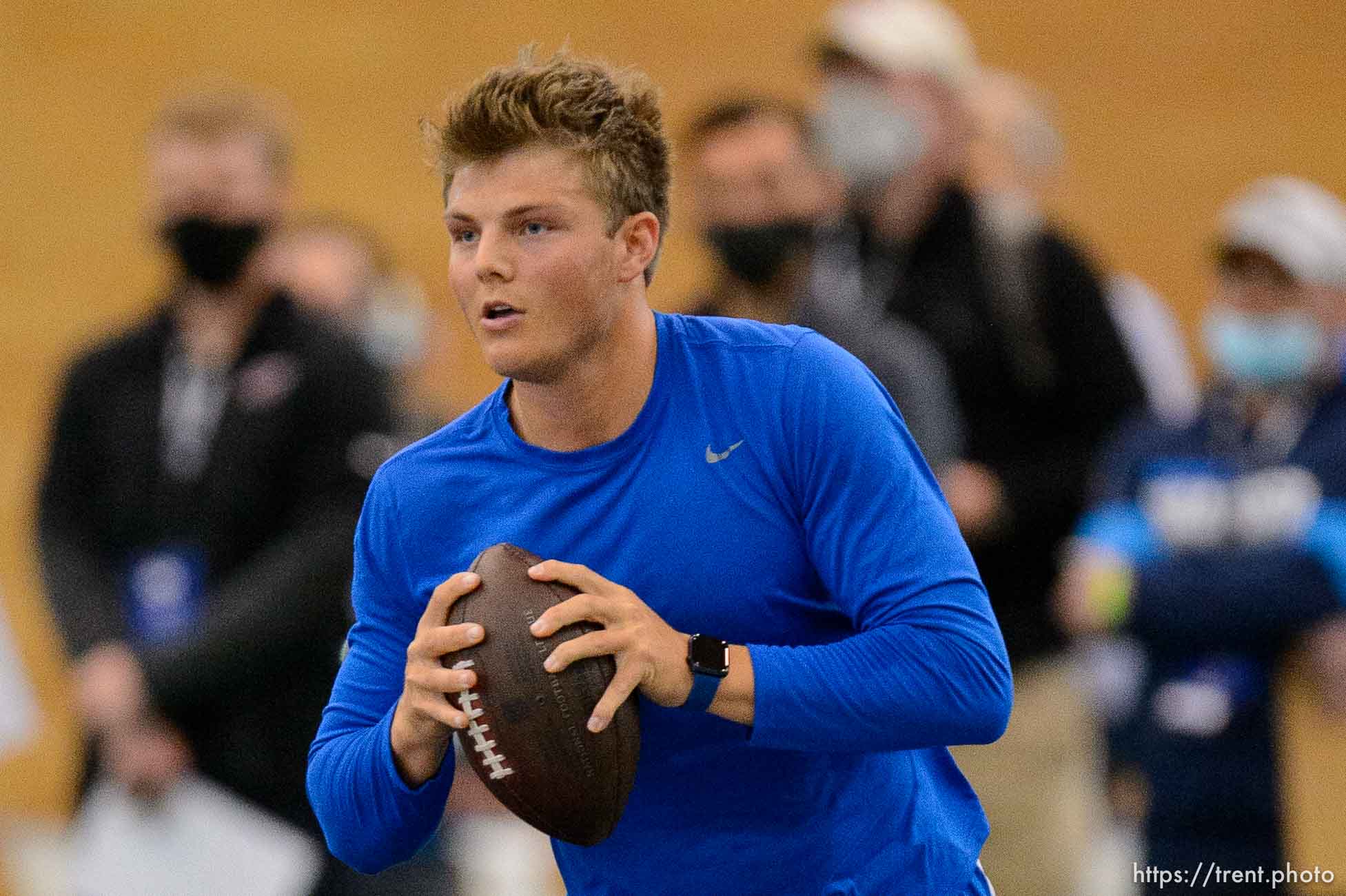 (Trent Nelson  |  The Salt Lake Tribune) BYU quarterback Zach Wilson works out for NFL scouts during BYU Pro Day, in Provo on Friday, March 26, 2021.