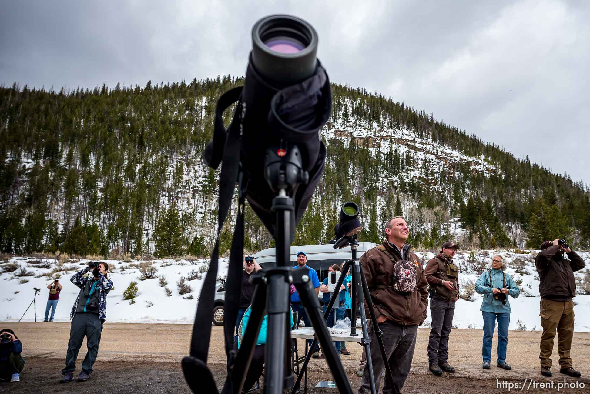 (Trent Nelson  |  The Salt Lake Tribune) People watching mountain goats during the Mountain Goat Watch near Upper Stillwater Dam on Saturday, March 20, 2021.