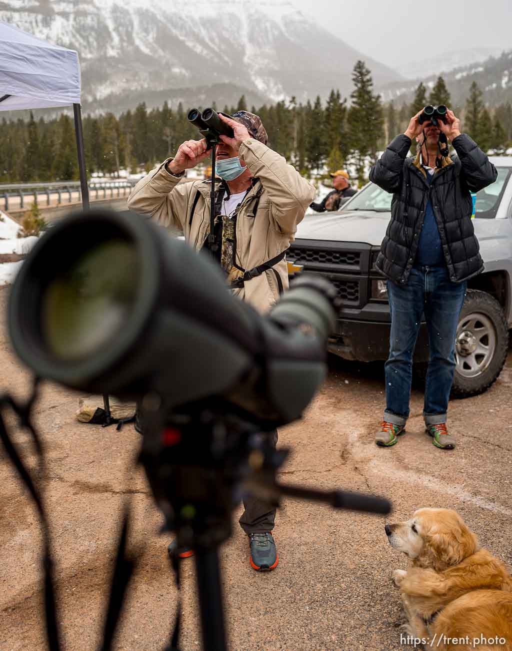 (Trent Nelson  |  The Salt Lake Tribune) Jim Ackerman and Richard Foggio look for mountain goats during the Mountain Goat Watch near Upper Stillwater Dam on Saturday, March 20, 2021.