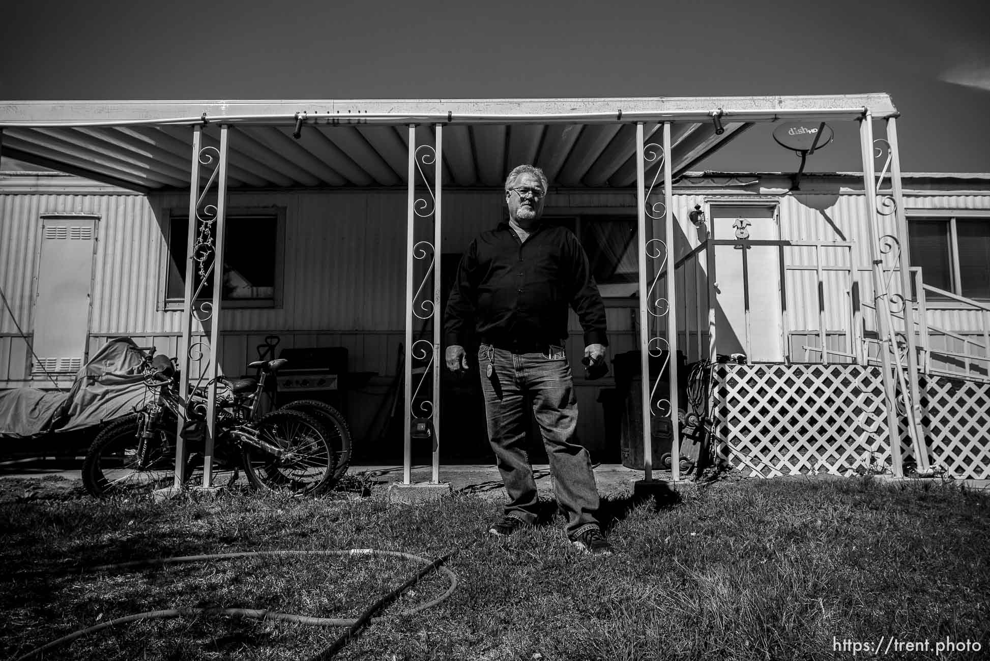 (Trent Nelson  |  The Salt Lake Tribune) Jason Williams at his home in Lesley's Mobile Home Park in Riverdale on Wednesday, April 7, 2021. The property owner is attempting to rezone and redevelop the site. In the meantime, the landlord has raised rent by $200 a month.