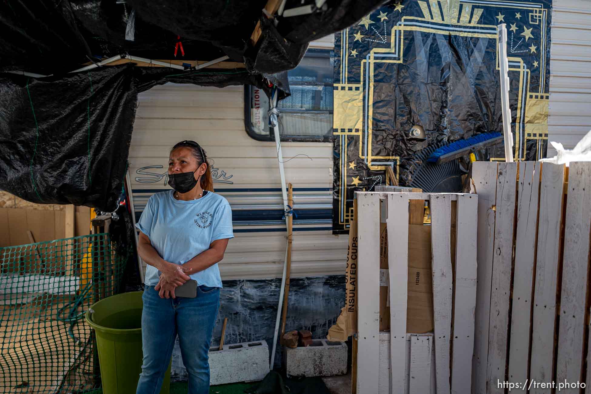 (Trent Nelson  |  The Salt Lake Tribune) July Vasquez in front of her mobile home in Riverdale on Wednesday, April 7, 2021. The property owner of Lesley's Mobile Home Park in Riverdale is attempting to rezone and redevelop the site. In the meantime, the landlord has raised rent by $200 a month.