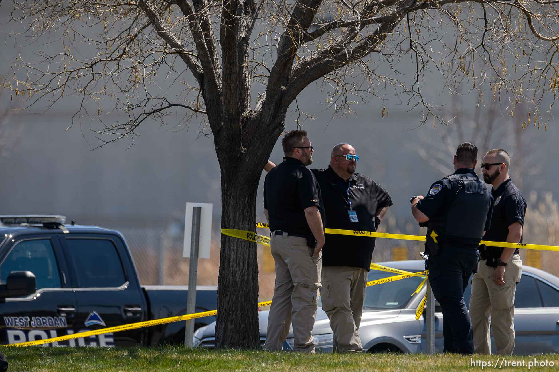 (Trent Nelson  |  The Salt Lake Tribune) Police on the scene of a shooting at the Salt Lake County Sheriff's Office in South Salt Lake on Saturday, April 10, 2021.