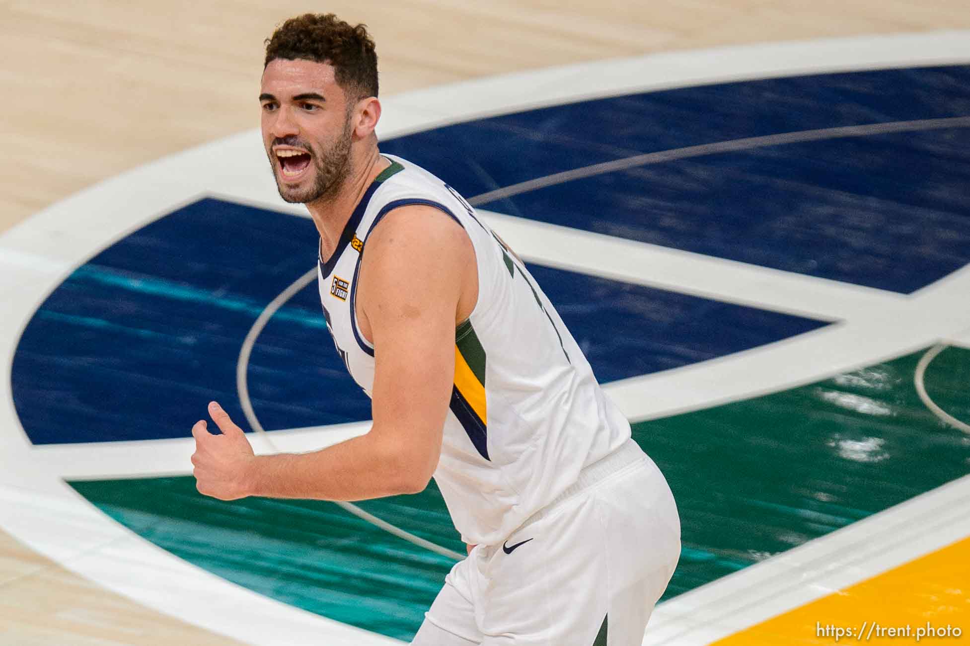 (Trent Nelson  |  The Salt Lake Tribune) Utah Jazz forward Georges Niang (31) reacts after hitting a three-pointer as the Utah Jazz host the Sacramento Kings, NBA basketball in Salt Lake City on Saturday, April 10, 2021.