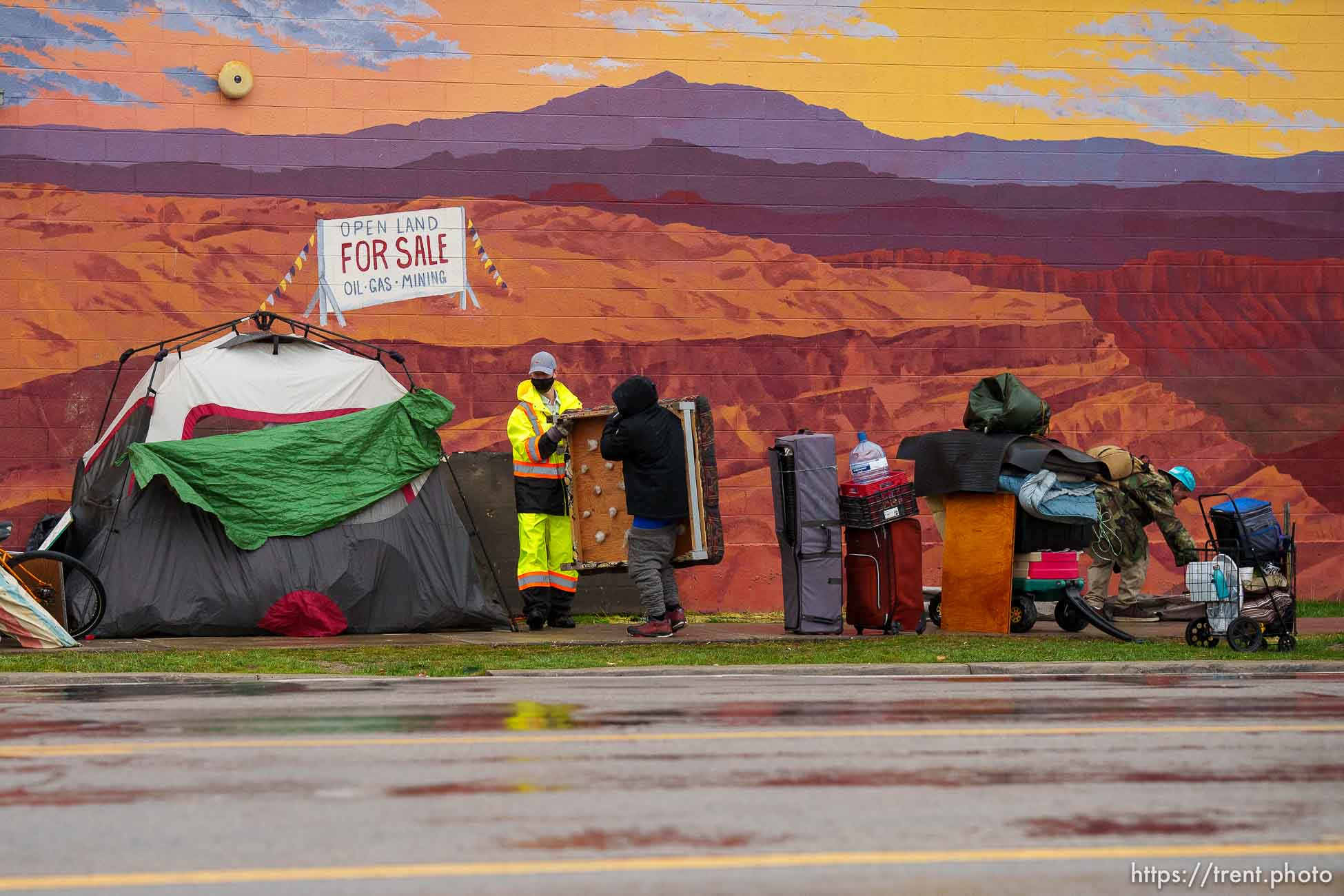 (Trent Nelson  |  The Salt Lake Tribune) Salt Lake County conducts a camp cleanup at the Fleet Block Murals in Salt Lake City on Wednesday, April 14, 2021.