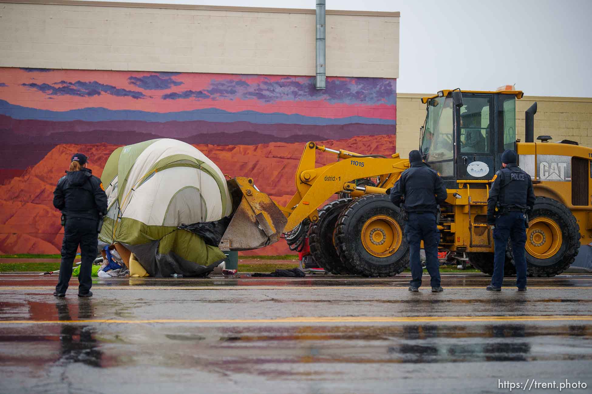 (Trent Nelson  |  The Salt Lake Tribune) Salt Lake County conducts a camp cleanup at the Fleet Block Murals in Salt Lake City on Wednesday, April 14, 2021.