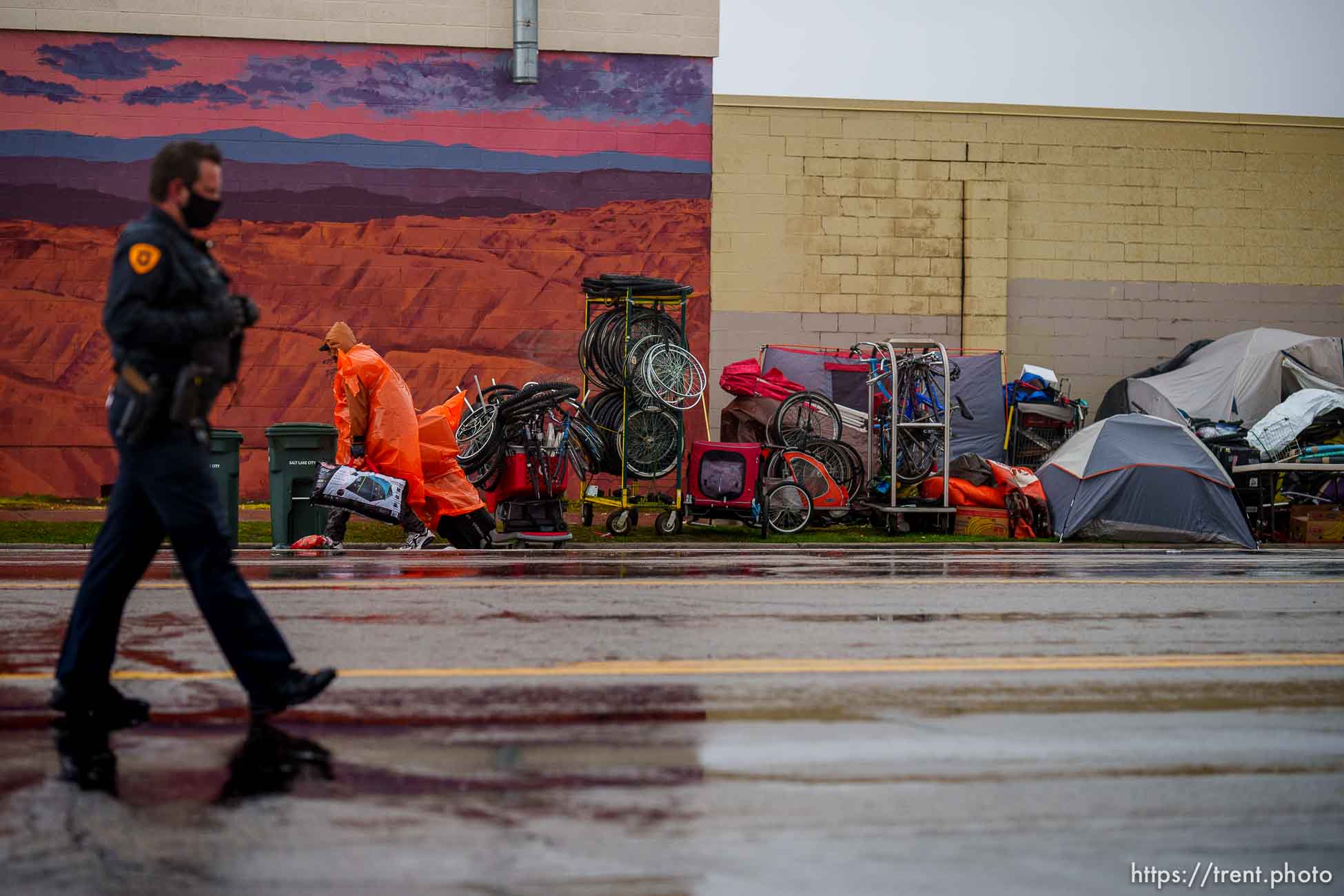 (Trent Nelson  |  The Salt Lake Tribune) Salt Lake County conducts a camp cleanup at the Fleet Block Murals in Salt Lake City on Wednesday, April 14, 2021.