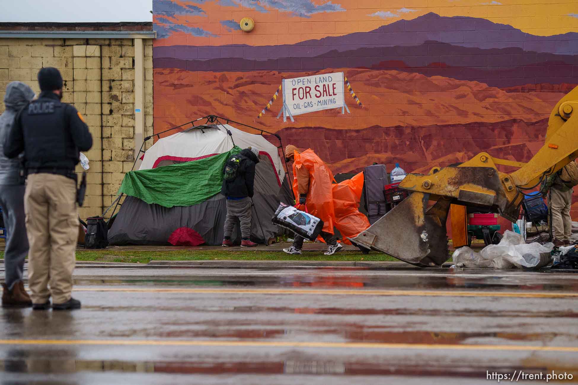 (Trent Nelson  |  The Salt Lake Tribune) Salt Lake County conducts a camp cleanup at the Fleet Block Murals
 in Salt Lake City on Wednesday, April 14, 2021.