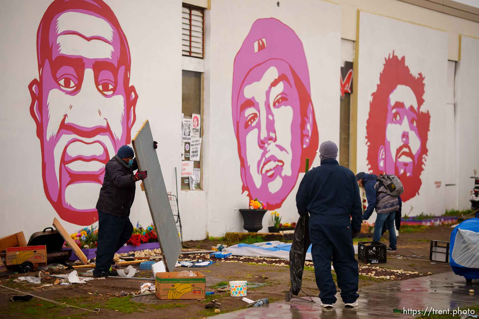 (Trent Nelson  |  The Salt Lake Tribune) Salt Lake County conducts a camp cleanup at the Fleet Block Murals in Salt Lake City on Wednesday, April 14, 2021.