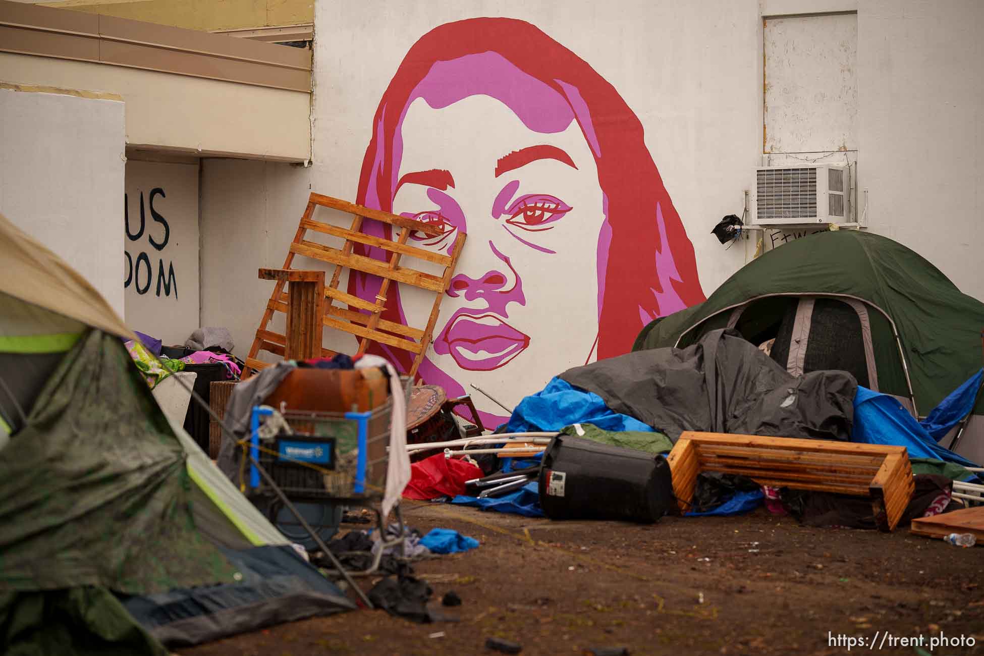 (Trent Nelson  |  The Salt Lake Tribune) Salt Lake County conducts a camp cleanup at the Fleet Block Murals in Salt Lake City on Wednesday, April 14, 2021.