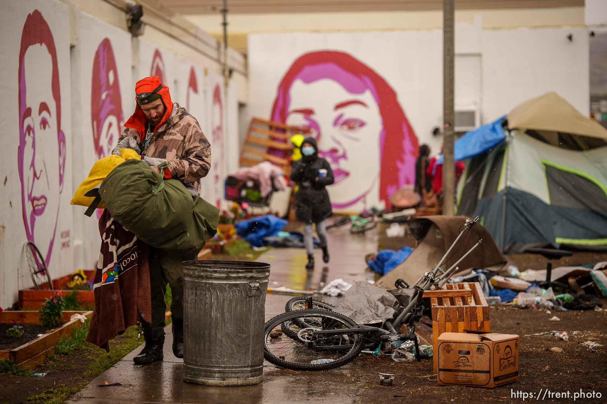 (Trent Nelson  |  The Salt Lake Tribune) Salt Lake County conducts a camp cleanup at the Fleet Block Murals in Salt Lake City on Wednesday, April 14, 2021.