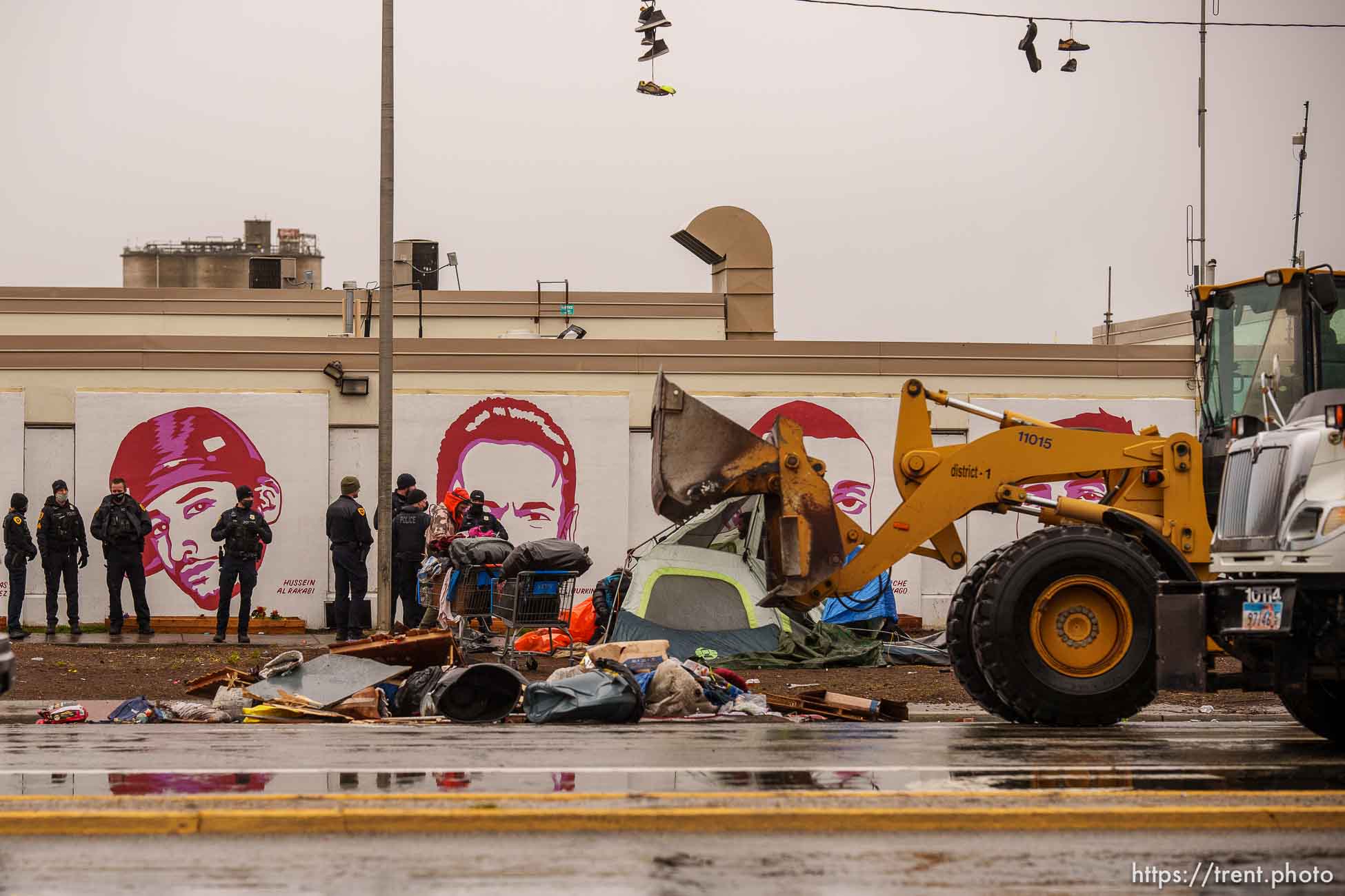 (Trent Nelson  |  The Salt Lake Tribune) Salt Lake County conducts a camp cleanup at the Fleet Block Murals in Salt Lake City on Wednesday, April 14, 2021.