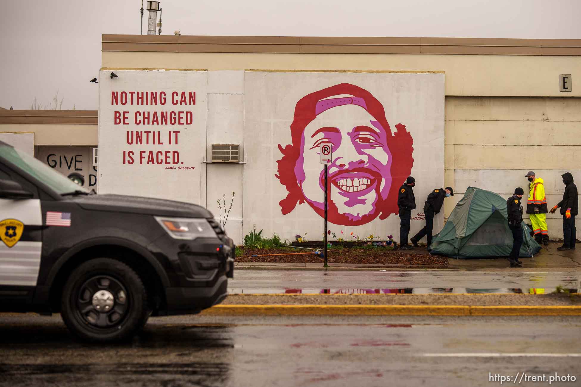 (Trent Nelson  |  The Salt Lake Tribune) Salt Lake County conducts a camp cleanup at the Fleet Block Murals in Salt Lake City on Wednesday, April 14, 2021.