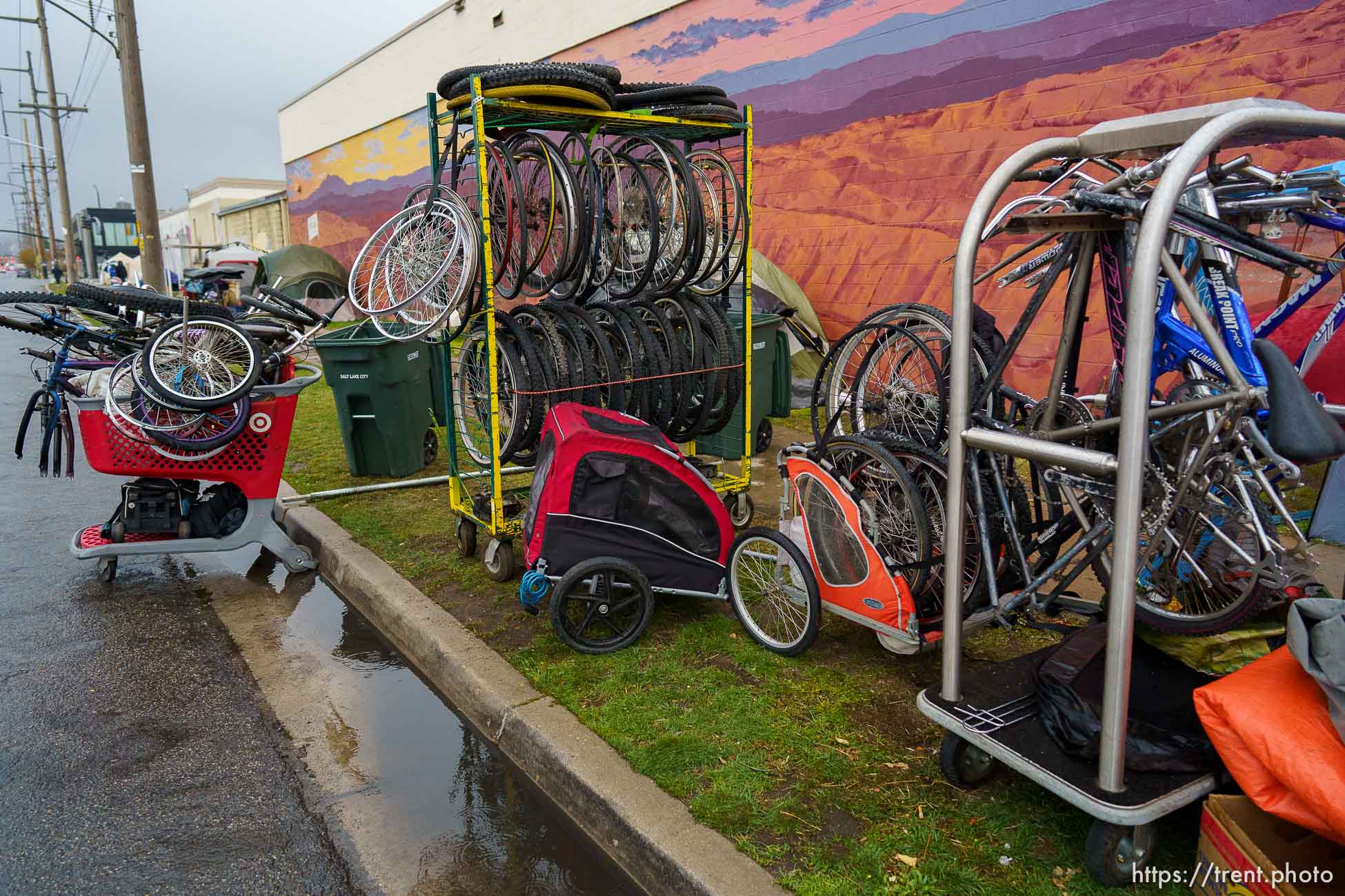 (Trent Nelson  |  The Salt Lake Tribune) Salt Lake County conducts a camp cleanup at the Fleet Block Murals in Salt Lake City on Wednesday, April 14, 2021.