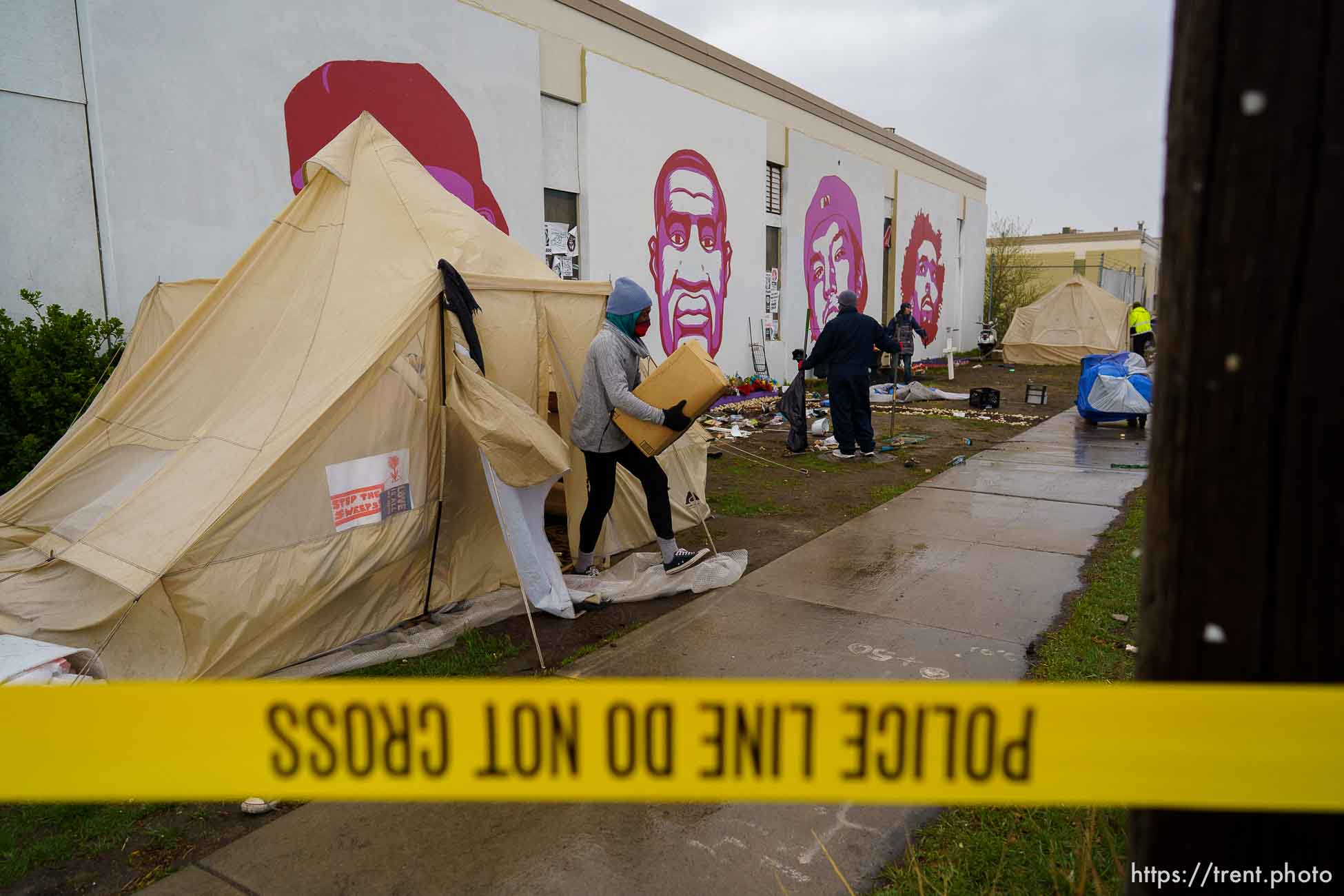 (Trent Nelson  |  The Salt Lake Tribune) Salt Lake County conducts a camp cleanup at the Fleet Block Murals in Salt Lake City on Wednesday, April 14, 2021.