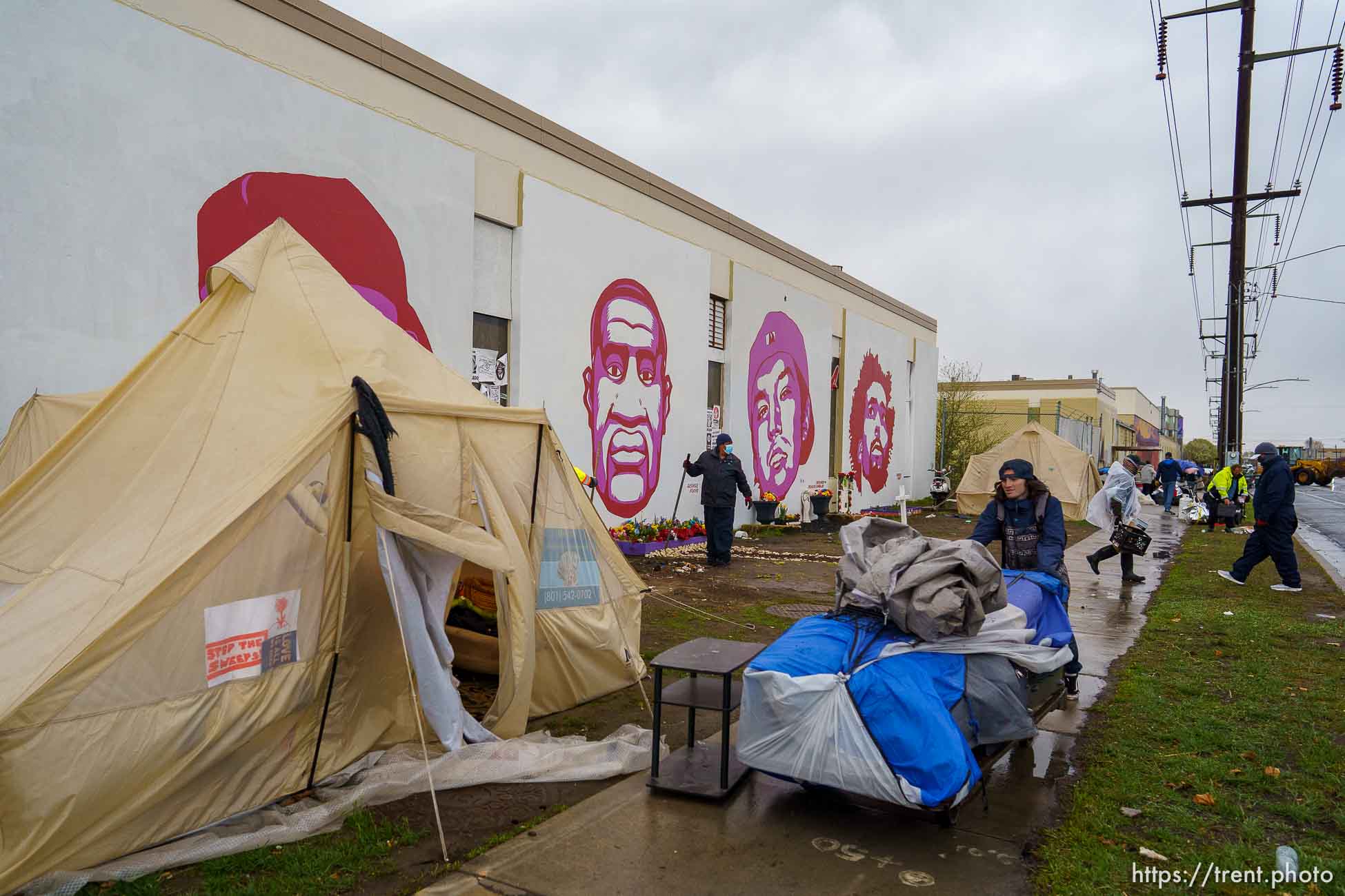 (Trent Nelson  |  The Salt Lake Tribune) Salt Lake County conducts a camp cleanup at the Fleet Block Murals in Salt Lake City on Wednesday, April 14, 2021.