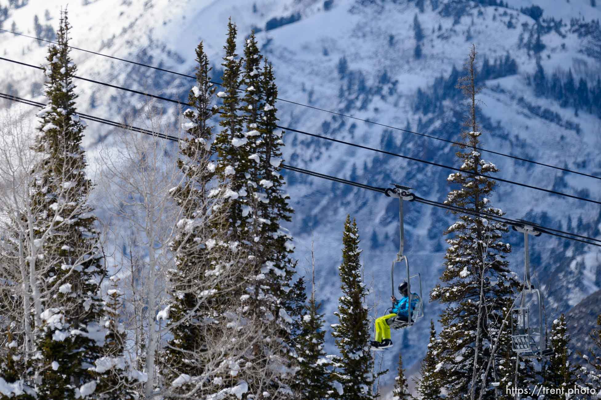 (Trent Nelson  |  The Salt Lake Tribune) A skier on a lift at Solitude on Saturday, April 17, 2021.