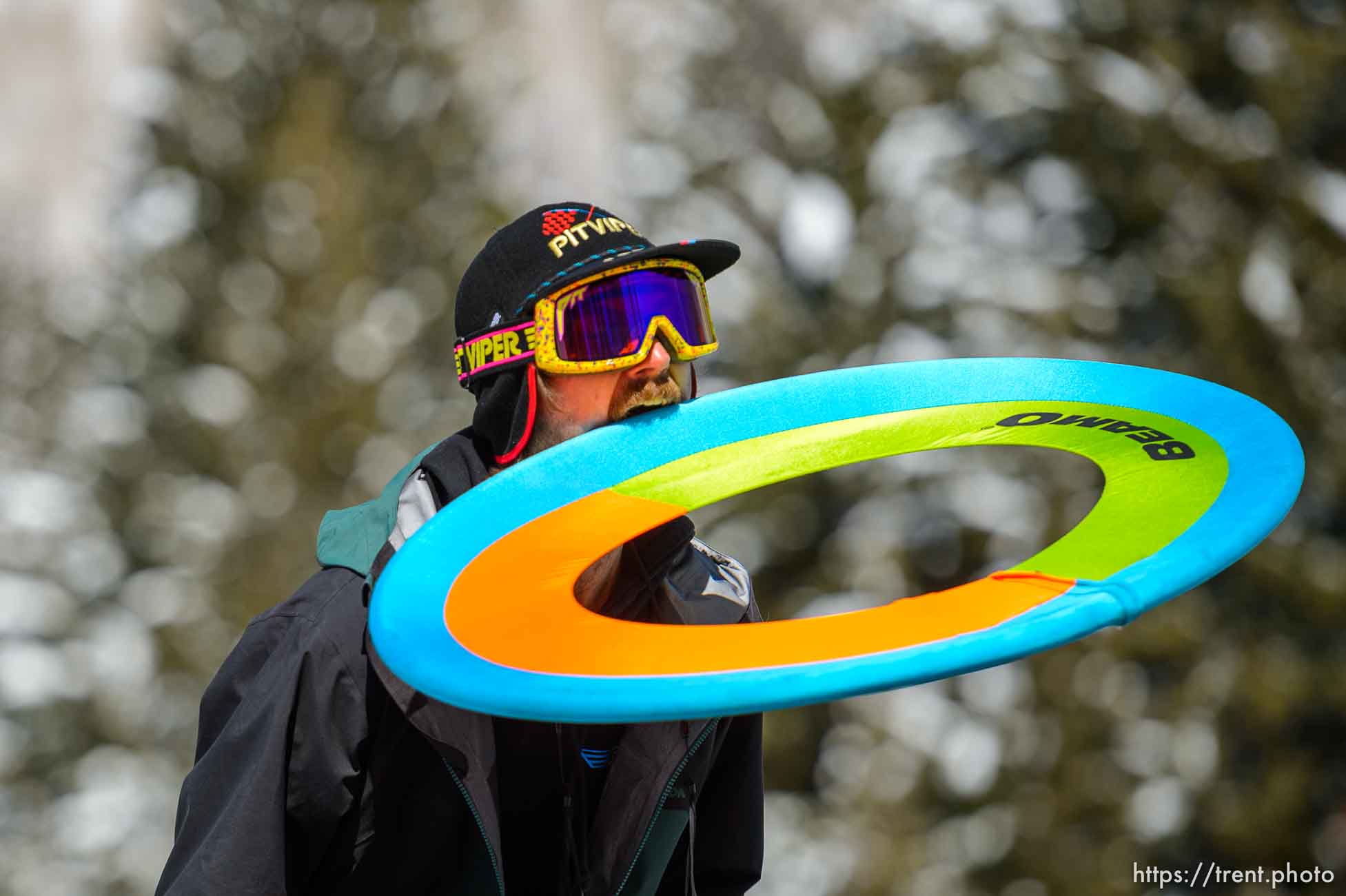 (Trent Nelson  |  The Salt Lake Tribune) Max Webb catches a Beamo flying hoop in the parking lot at Solitude on Saturday, April 17, 2021.