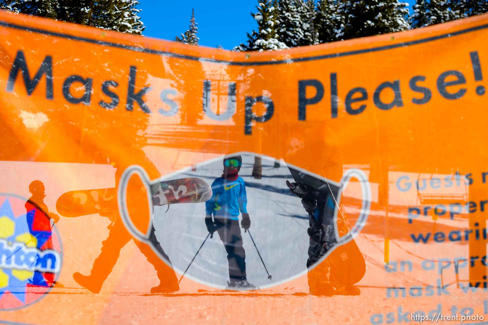 (Trent Nelson  |  The Salt Lake Tribune) A sign calls for masks at Brighton on Saturday, April 17, 2021.