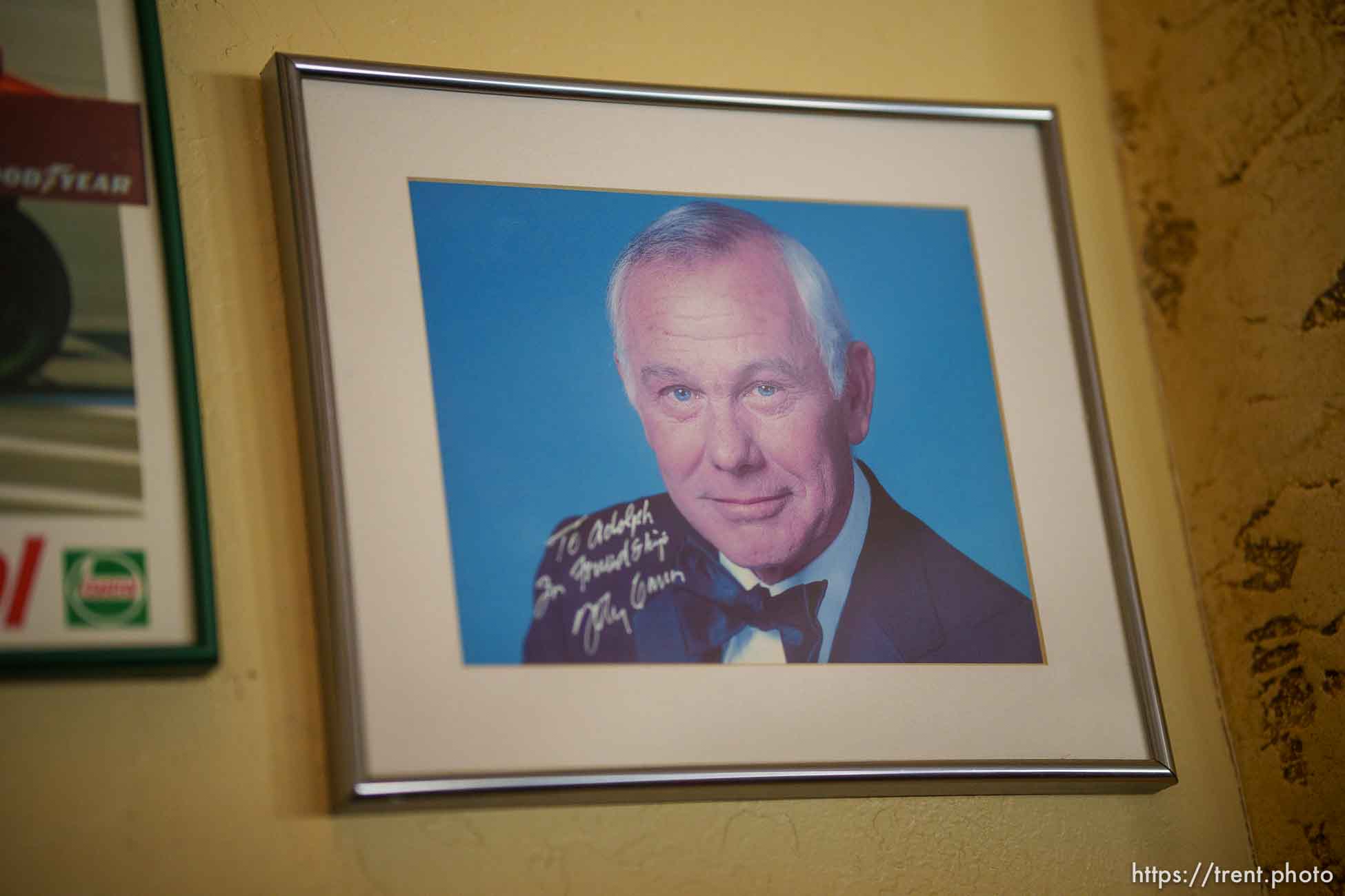 (Trent Nelson  |  The Salt Lake Tribune) An autographed photograph of Johnny Carson at Adolph's Restaurant in Park City on Tuesday, April 20, 2021. Adolph's, a Park City institution and favorite of elite skiers from around the world, is closing after 47 years in business.