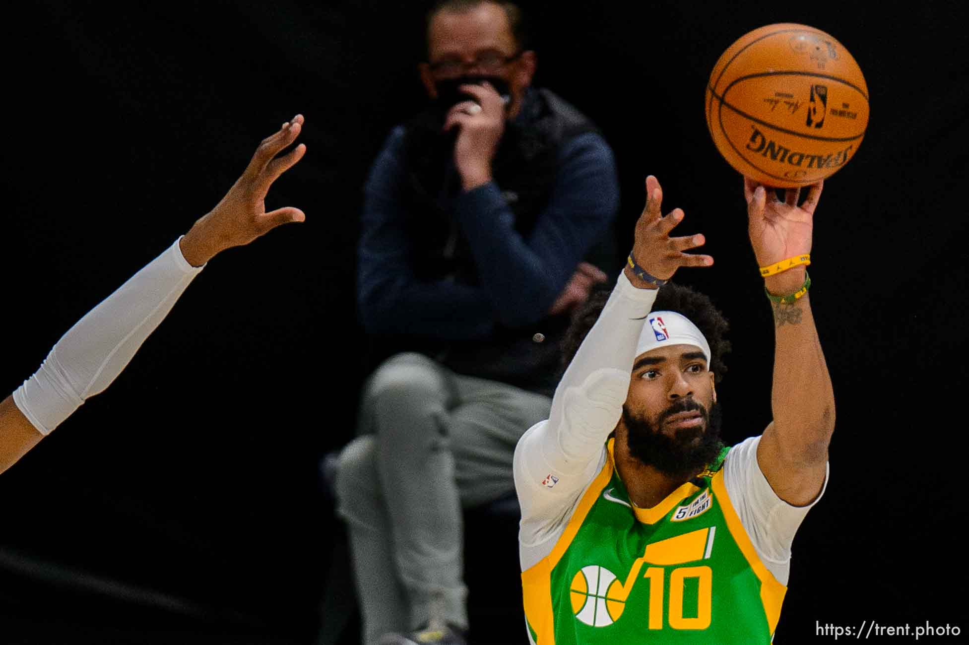 (Trent Nelson  |  The Salt Lake Tribune) Utah Jazz guard Mike Conley (10) scores as the Utah Jazz host the Minnesota Timberwolves, NBA basketball in Salt Lake City on Saturday, April 24, 2021.