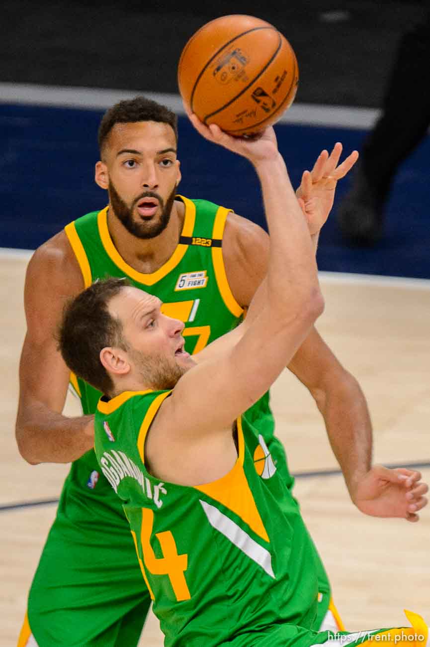 (Trent Nelson  |  The Salt Lake Tribune) Utah Jazz forward Bojan Bogdanovic (44) as the Utah Jazz host the Minnesota Timberwolves, NBA basketball in Salt Lake City on Saturday, April 24, 2021.