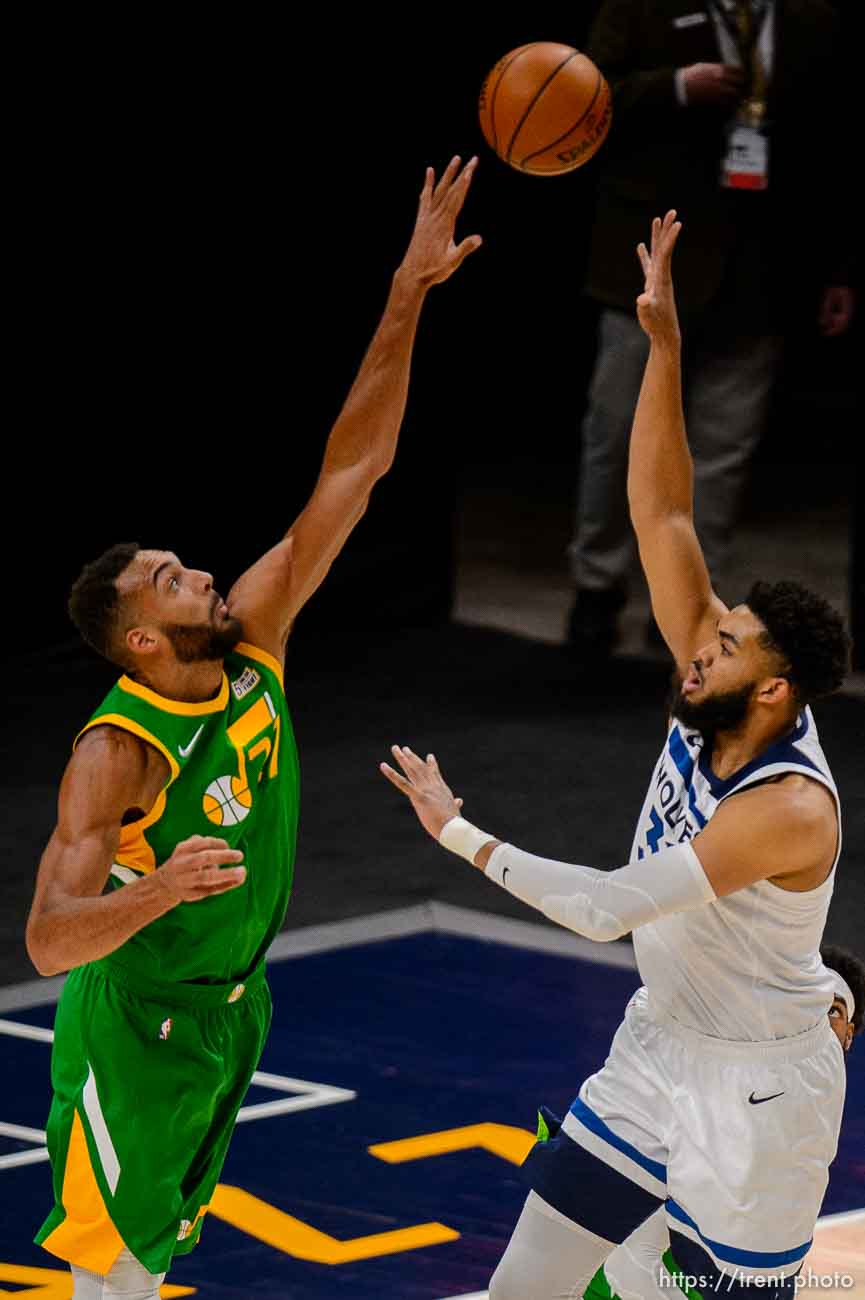 (Trent Nelson  |  The Salt Lake Tribune) Utah Jazz center Rudy Gobert (27) defending Minnesota Timberwolves center Karl-Anthony Towns (32) as the Utah Jazz host the Minnesota Timberwolves, NBA basketball in Salt Lake City on Saturday, April 24, 2021.