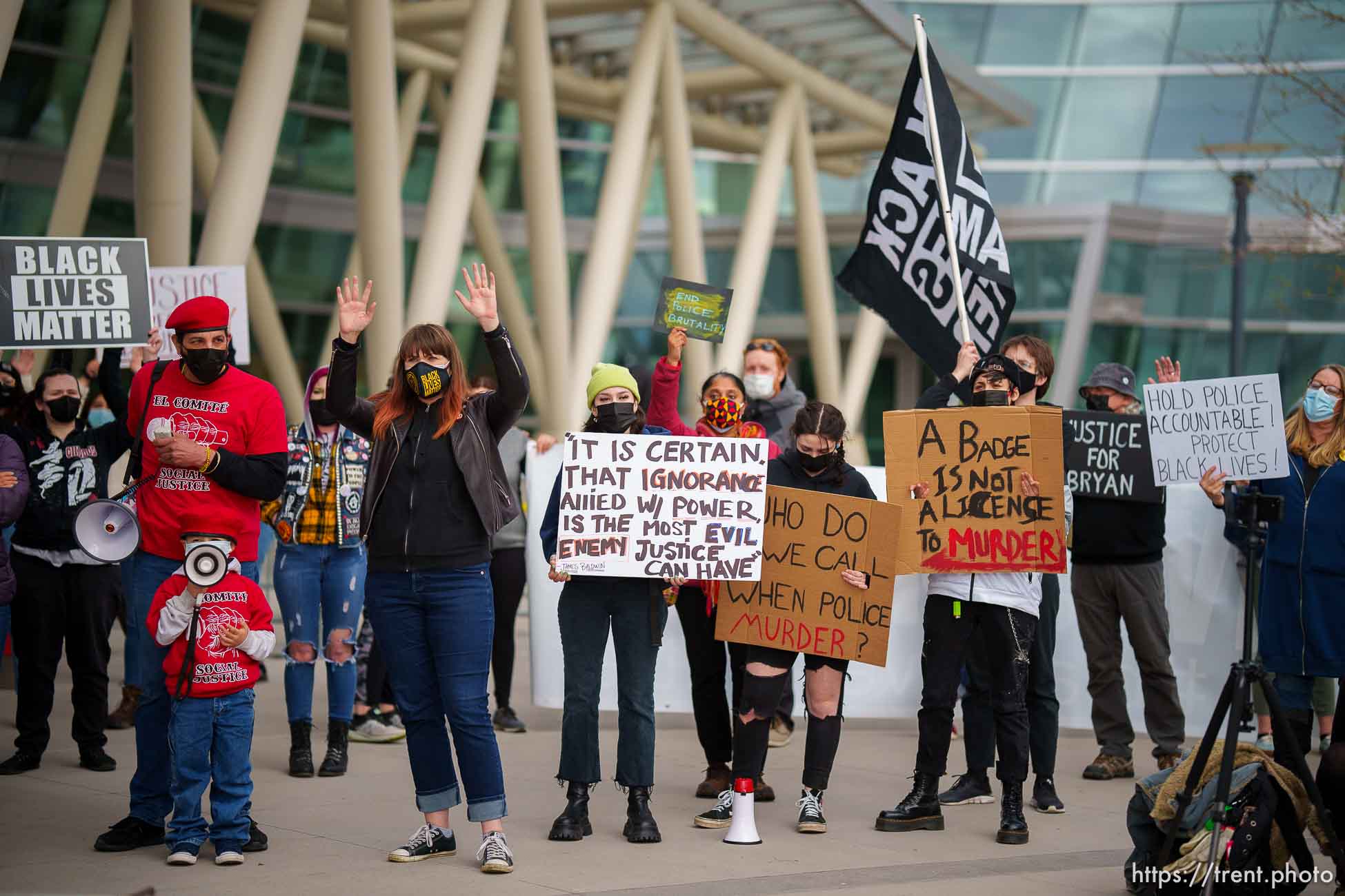 (Trent Nelson  |  The Salt Lake Tribune) People at a rally sponsored by the Black Lives Matter Utah Chapter, at the Public Safety Building in Salt Lake City on Friday, April 16, 2021.