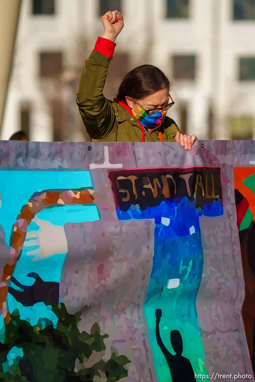 (Trent Nelson  |  The Salt Lake Tribune) People at a rally sponsored by the Black Lives Matter Utah Chapter, at the Public Safety Building in Salt Lake City on Friday, April 16, 2021.