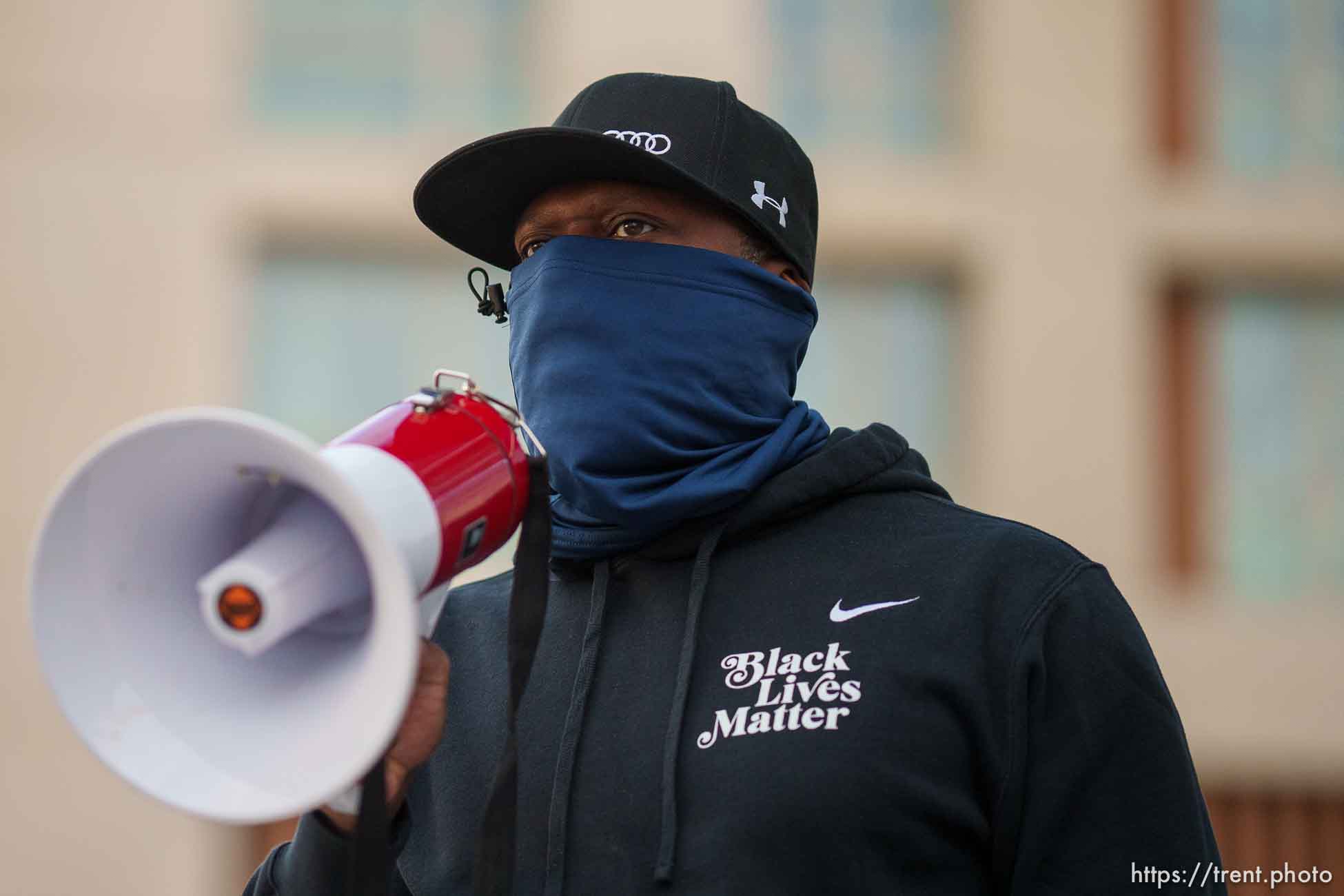 (Trent Nelson  |  The Salt Lake Tribune) Mario Mathis at a rally sponsored by the Black Lives Matter Utah Chapter, at the Public Safety Building in Salt Lake City on Friday, April 16, 2021.