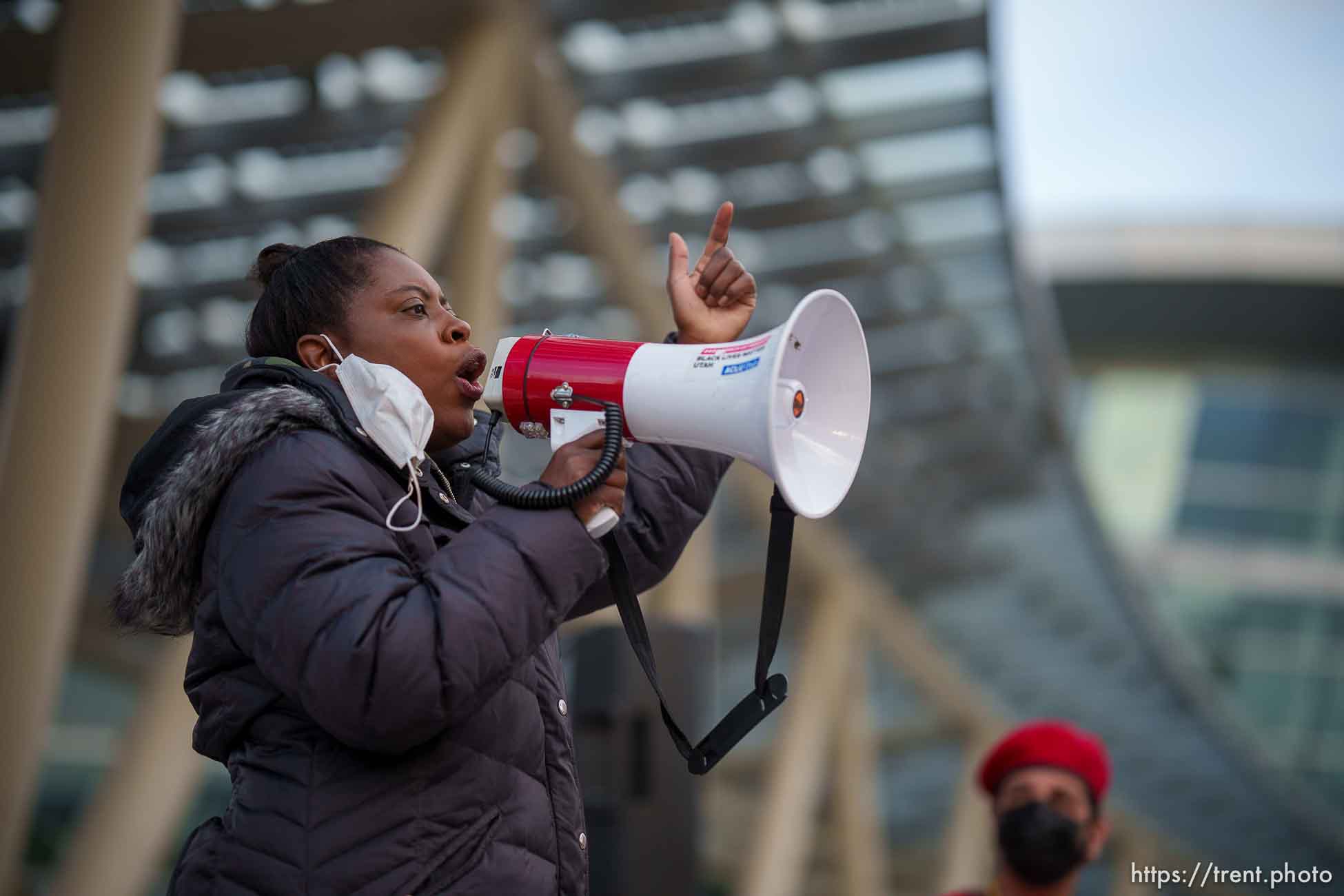 (Trent Nelson  |  The Salt Lake Tribune) Ty Bellamy at a rally sponsored by the Black Lives Matter Utah Chapter, at the Public Safety Building in Salt Lake City on Friday, April 16, 2021.