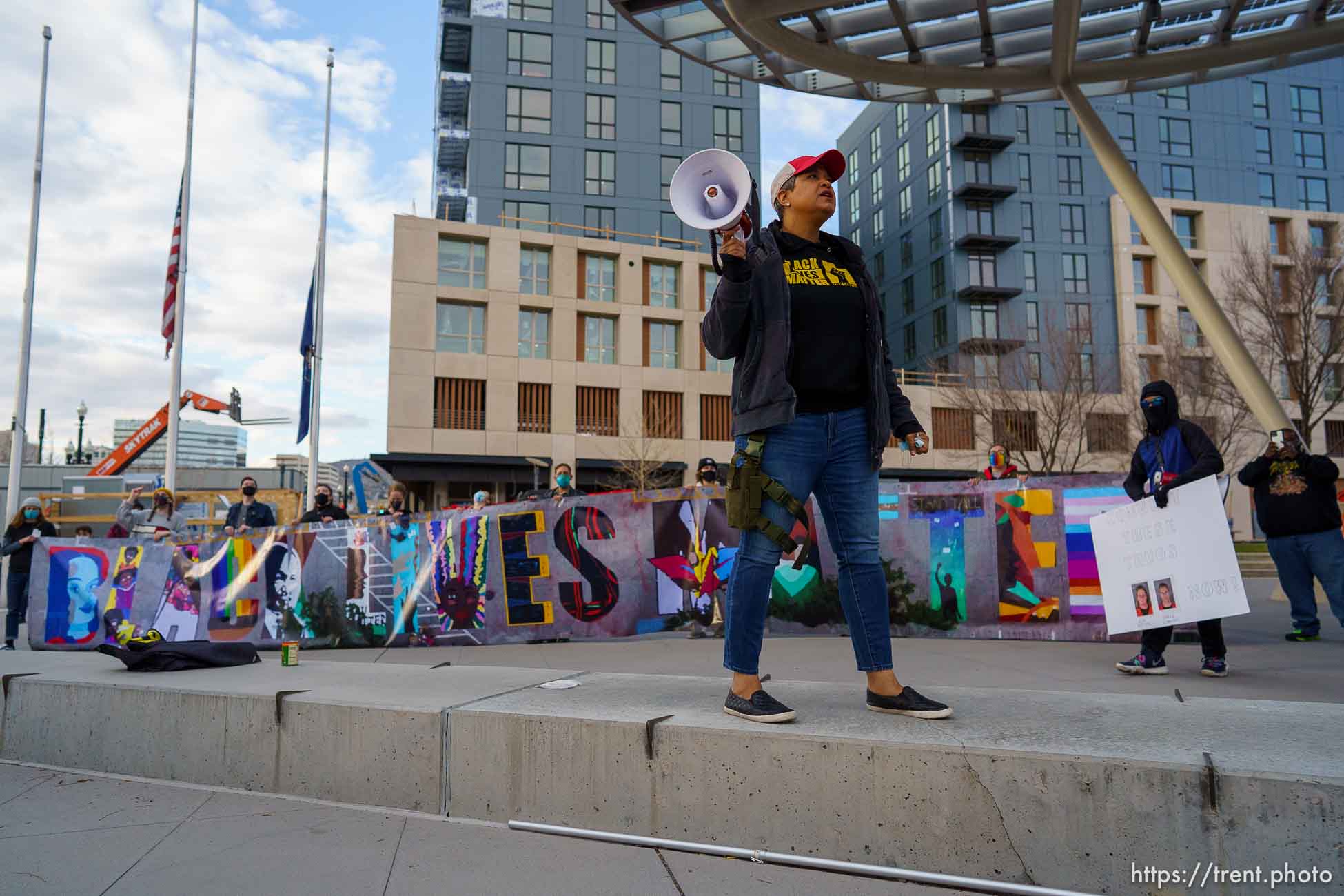 (Trent Nelson  |  The Salt Lake Tribune) Lex Scott at a rally sponsored by the Black Lives Matter Utah Chapter, at the Public Safety Building in Salt Lake City on Friday, April 16, 2021.