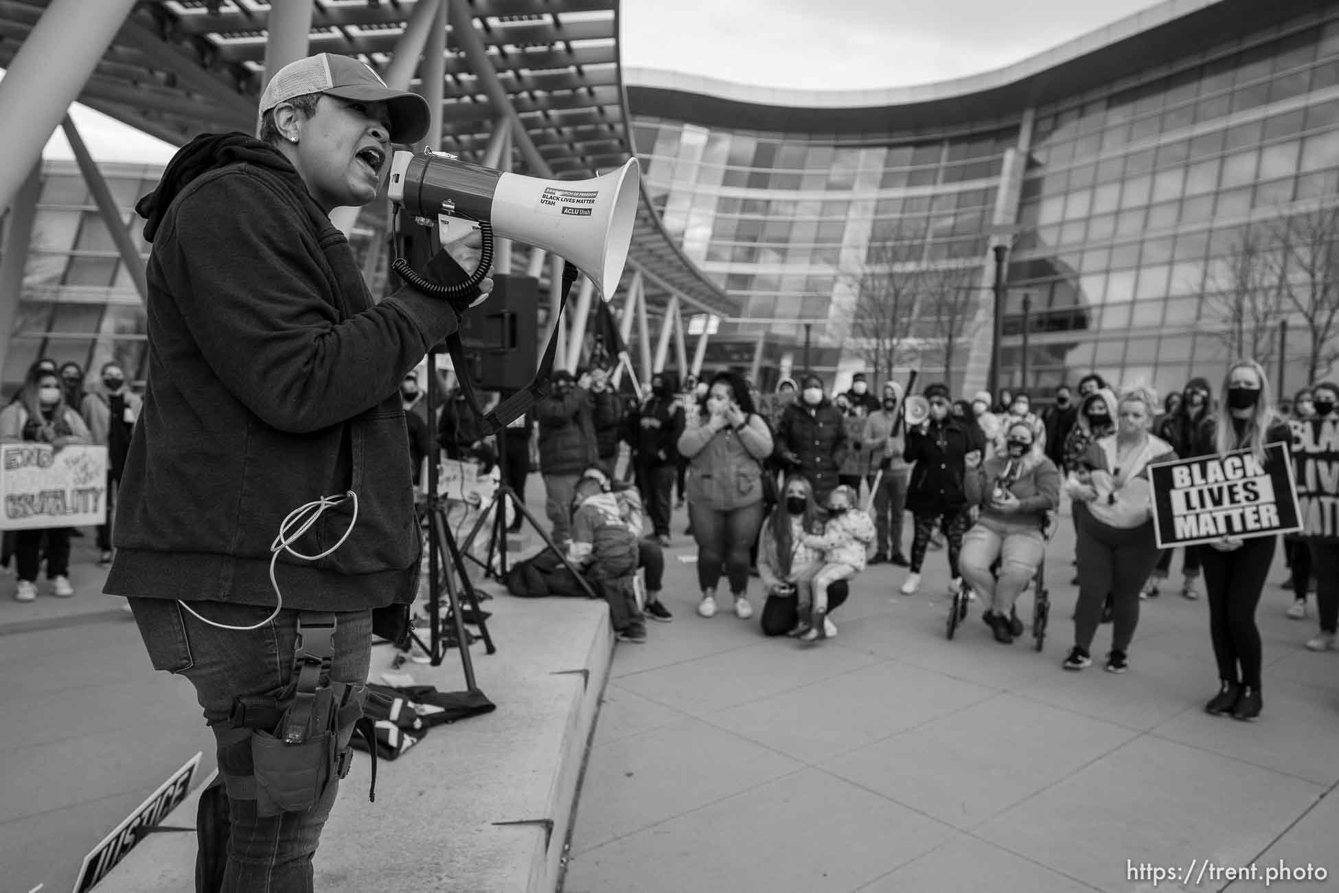 (Trent Nelson  |  The Salt Lake Tribune) Lex Scott at a rally sponsored by the Black Lives Matter Utah Chapter, at the Public Safety Building in Salt Lake City on Friday, April 16, 2021.