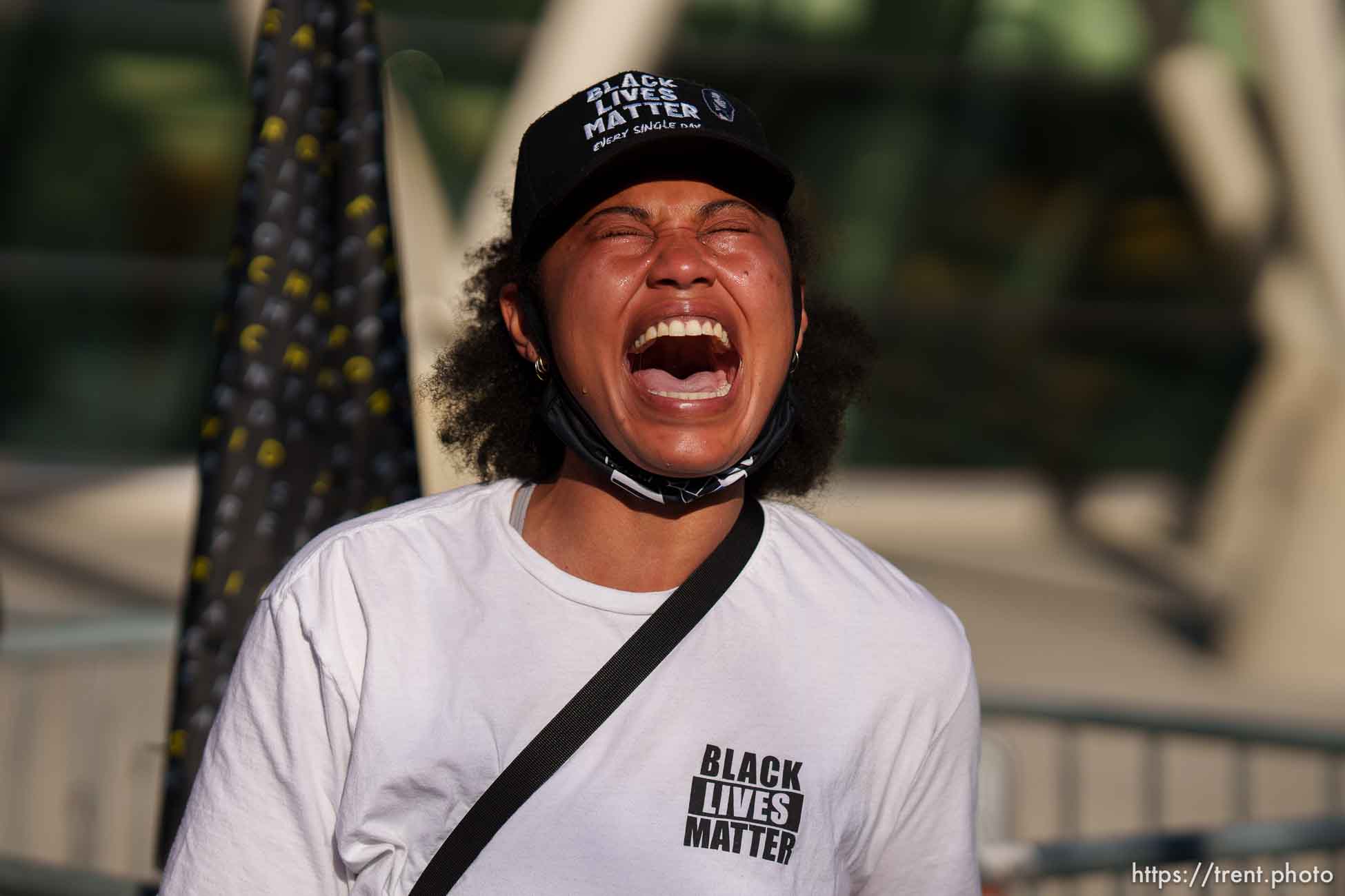 (Trent Nelson  |  The Salt Lake Tribune) Rae Duckworth celebrates the three guilty verdicts as people rally at the Public Safety Building in Salt Lake City on Tuesday, April 20, 2021 to mark the conviction of Derek Chauvin for the murder of George Floyd.